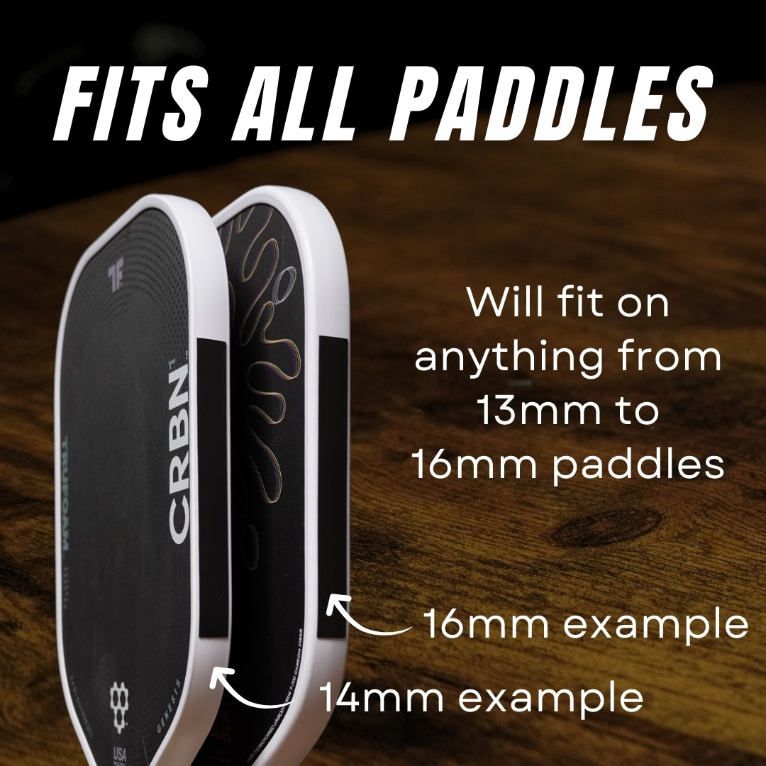 Two Pickleball Effect Shop paddles, labeled “16mm” and “14mm,” stand upright on wood with the text: "Fits all paddles. Paddle Tuning Tape—perfect for balance adjustment or tuning 13mm to 16mm paddles.