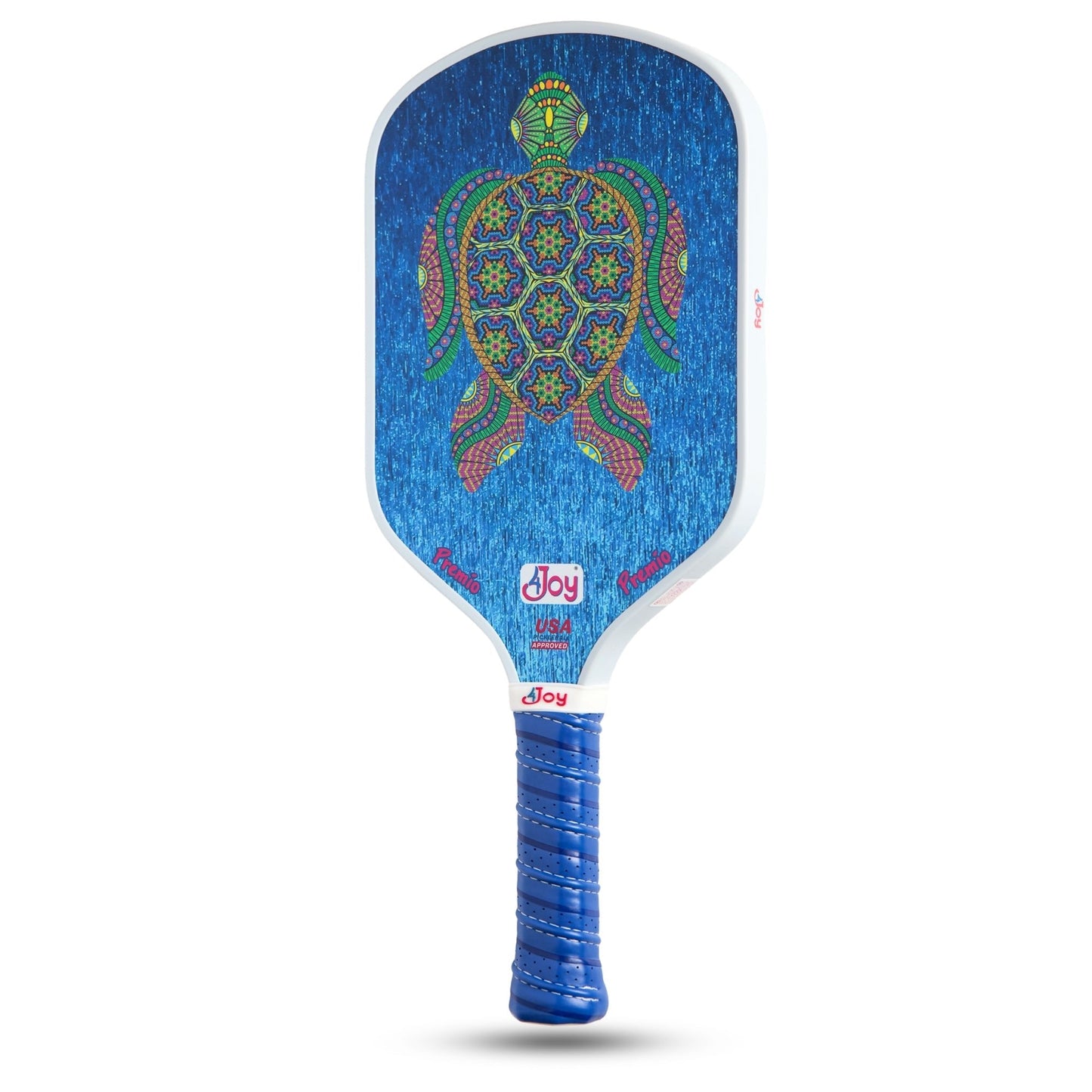 The Turtle 4Joy Pickleball Paddle Premio Series by 4Joy Paddles features a wrapped blue grip and T700 carbon fiber face with a colorful turtle design in geometric and floral patterns on a blue background, plus “JOY” branding near the handle.