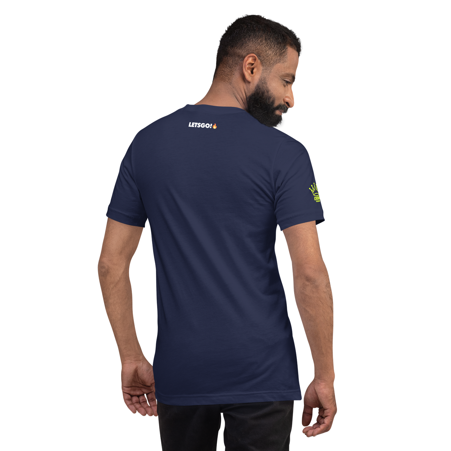 A man with short dark hair and a beard faces away, wearing the Crown Pickleball Logo Shirt (Navy). This fitted tee by Crown Pickleball stands out with its logo on the back against a plain white background.