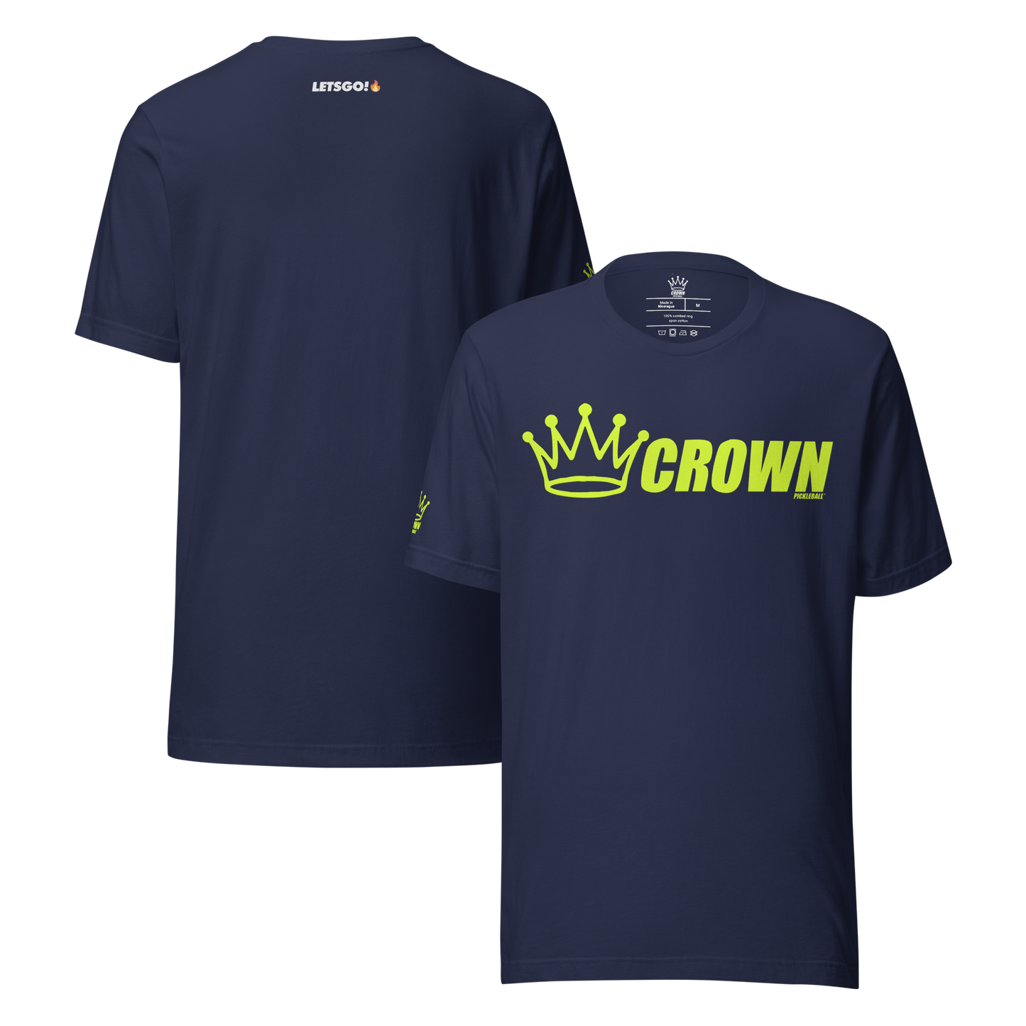 The CROWN PICKLEBALL - Logo Shirt (Navy) by Crown Pickleball is a super soft navy cotton tee featuring a yellow crown and "CROWN" on the front, with "LETS GO!" and a flame graphic near the back neckline. Front and back are both shown.