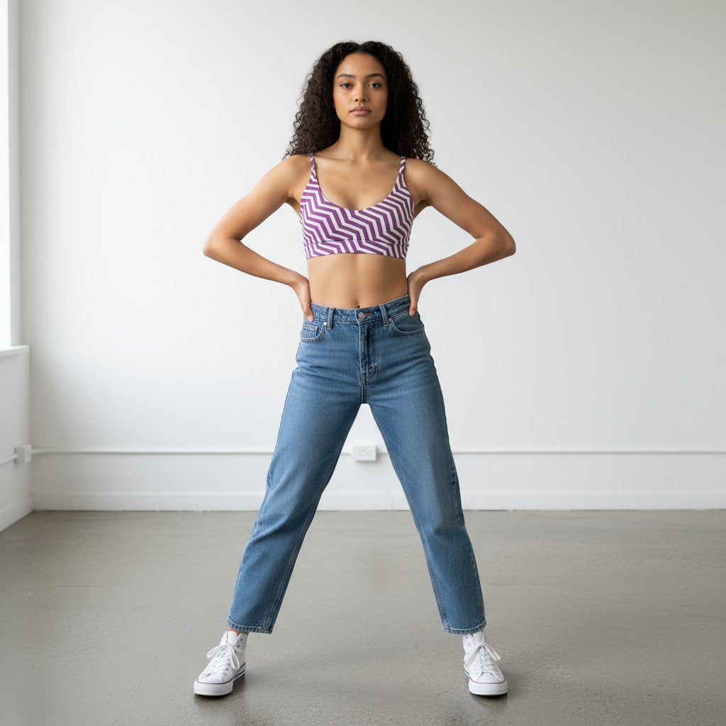 A woman with curly hair stands confidently indoors, wearing the DYM Athletics Trainer Performance 2-Way Bra (A-D Cup, Medium-High Support) in purple and white zigzag, high-waisted blue jeans, and white sneakers in a bright, minimal room.