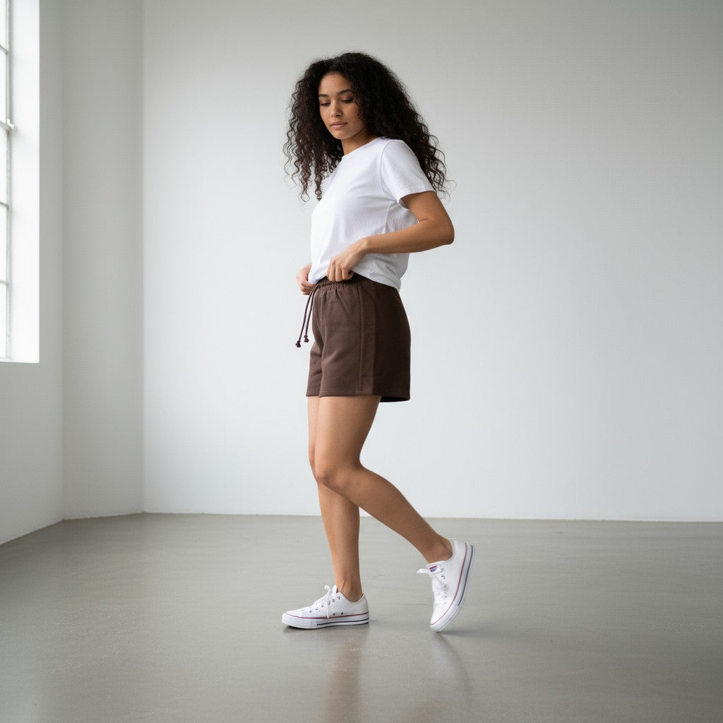 A person with curly hair wears a white t-shirt and DYM Athletics Cozy Up Sweat Shorts, standing indoors on a smooth floor in a minimalistic space with white walls and a large window letting in natural light as they look down.