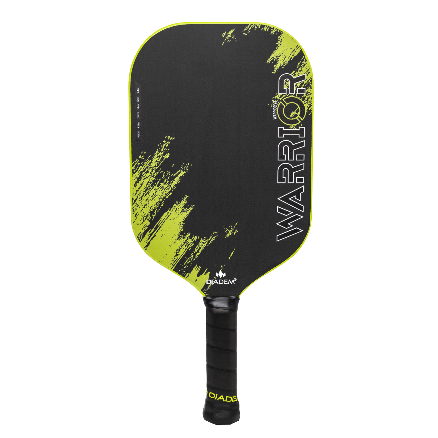 The Diadem Sports Warrior v2 paddle features a sleek black design with neon yellow-green accents, bold vertical WARRIOR text, unique brushstroke patterns, and a black grip with Diadem logo. USAPA approved for serious competitors.