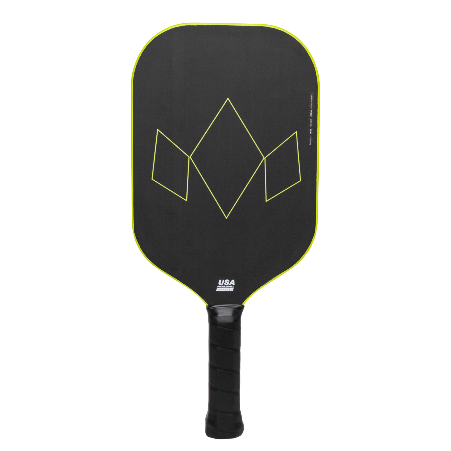 The Diadem Sports Warrior v2 paddle features a black face with a yellow outline and geometric design, black grip-taped handle, white "USA" near the base, rounded edges, rectangular shape, and is USAPA Approved for serious competitors.