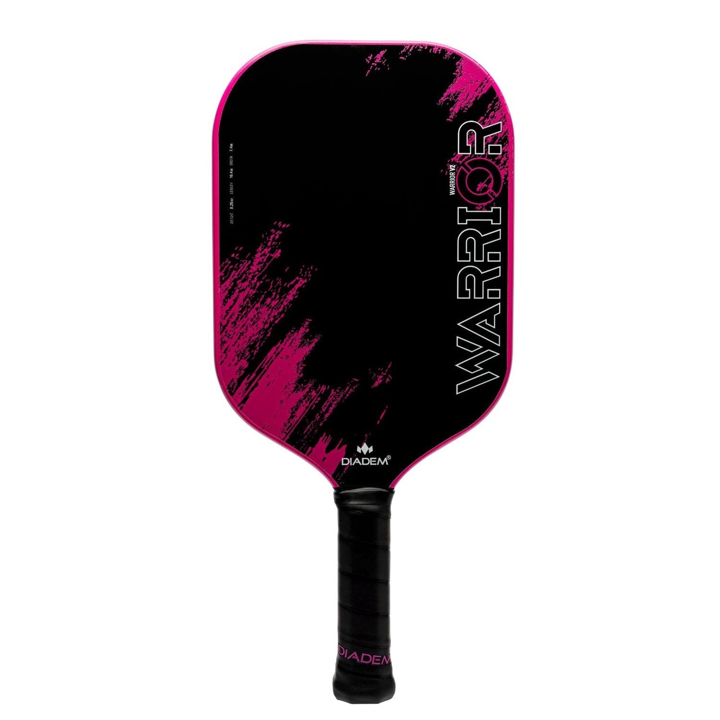 The Diadem Sports Warrior v2 paddle features bold pink brush stroke accents on black, "WARRIOR" in large white letters, and a wrapped grip with the Diadem logo. USAPA Approved, it's designed for serious competitors.
