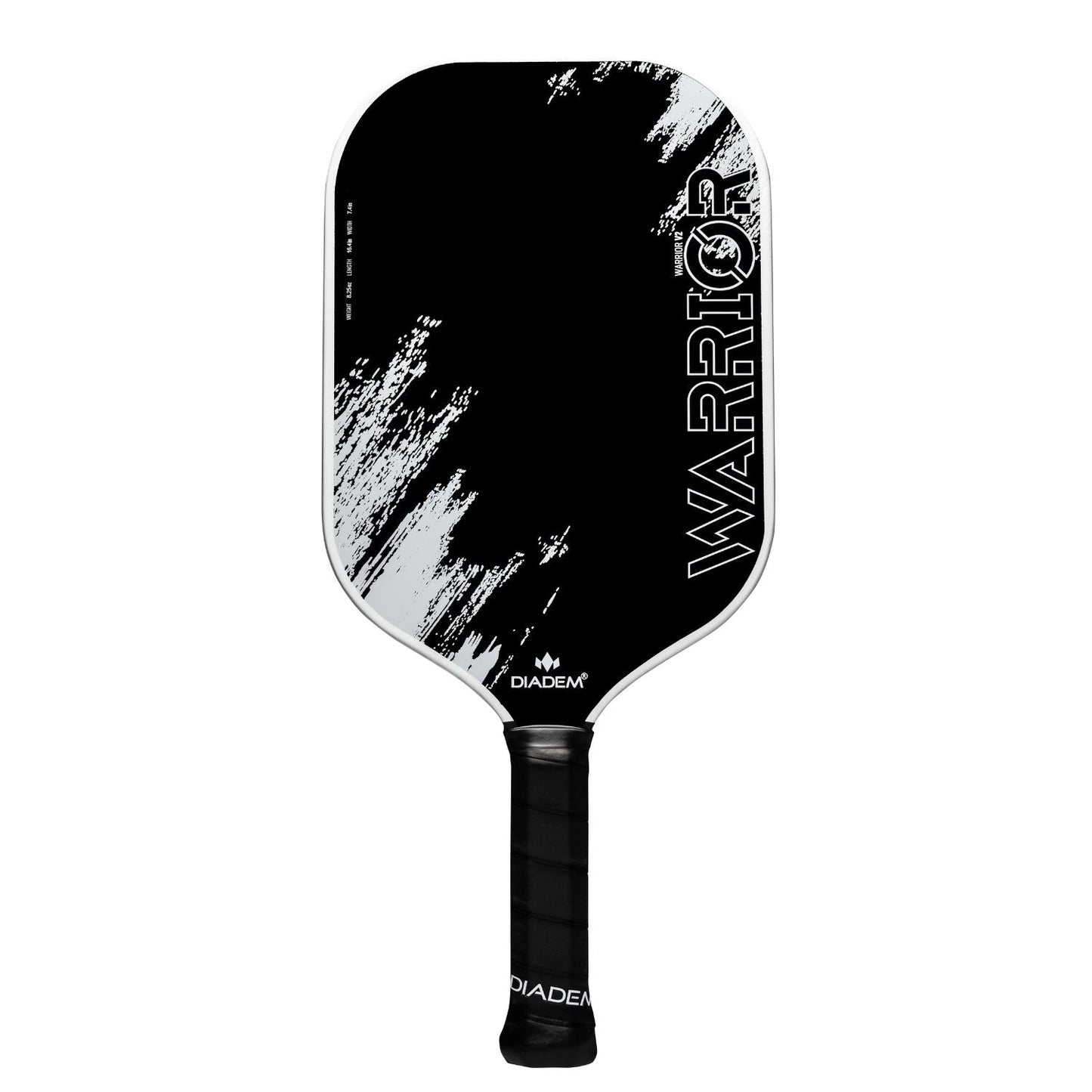 The Diadem Sports Warrior v2 paddle features a black design with white streaks, bold WARRIOR lettering, USAPA approval, a black grip tape handle, and the Diadem logo at the base—ideal for serious competitors.