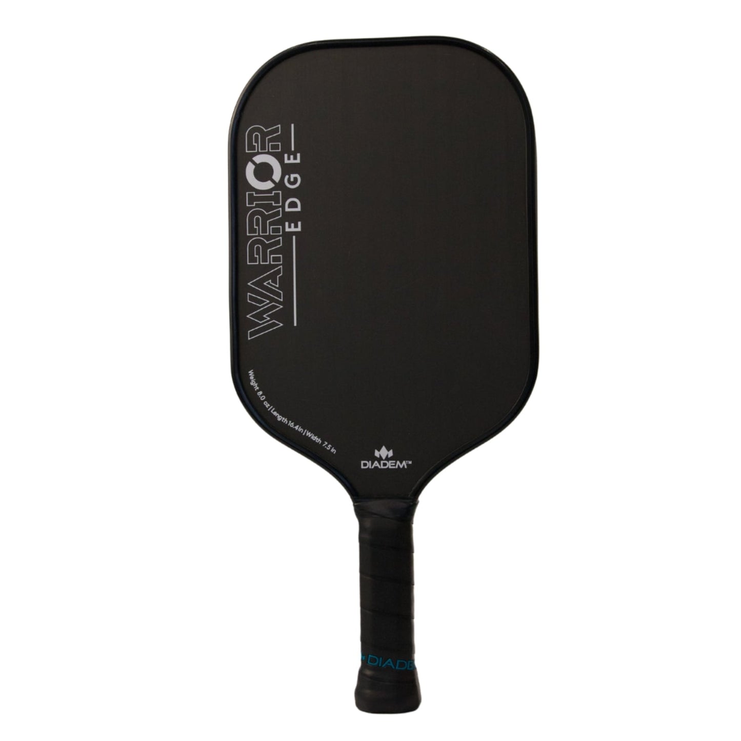 The Diadem Sports Warrior Edge is a black pickleball paddle with "WARRIOR EDGE" in silver on the left, featuring an etched carbon face, black grip, DIADEM logo near the base, and is USAPA approved.