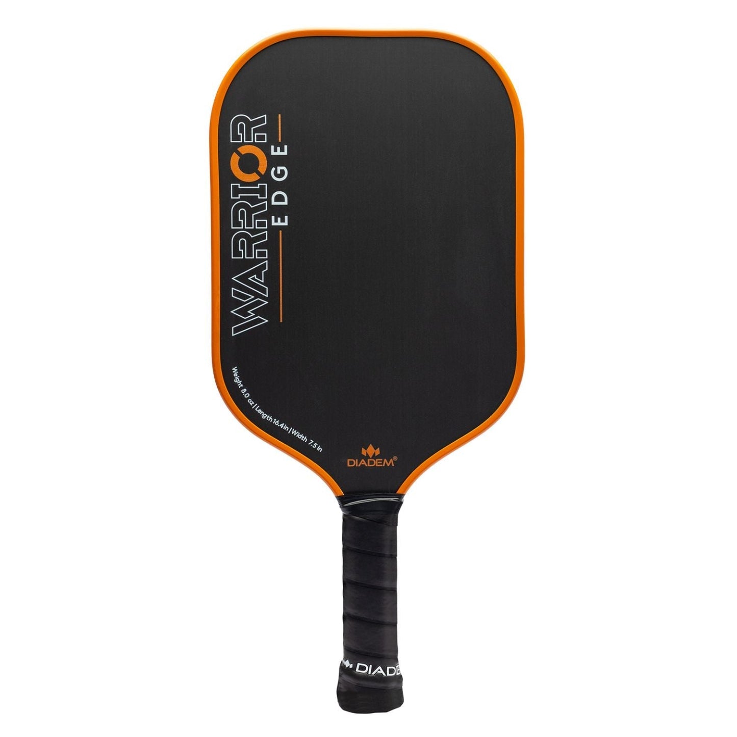 The Diadem Sports Warrior Edge is a black pickleball paddle with orange trim and an etched carbon face. It has white and orange vertical labeling, black grip tape, the Diadem logo at the base, and is USAPA approved for tournaments.