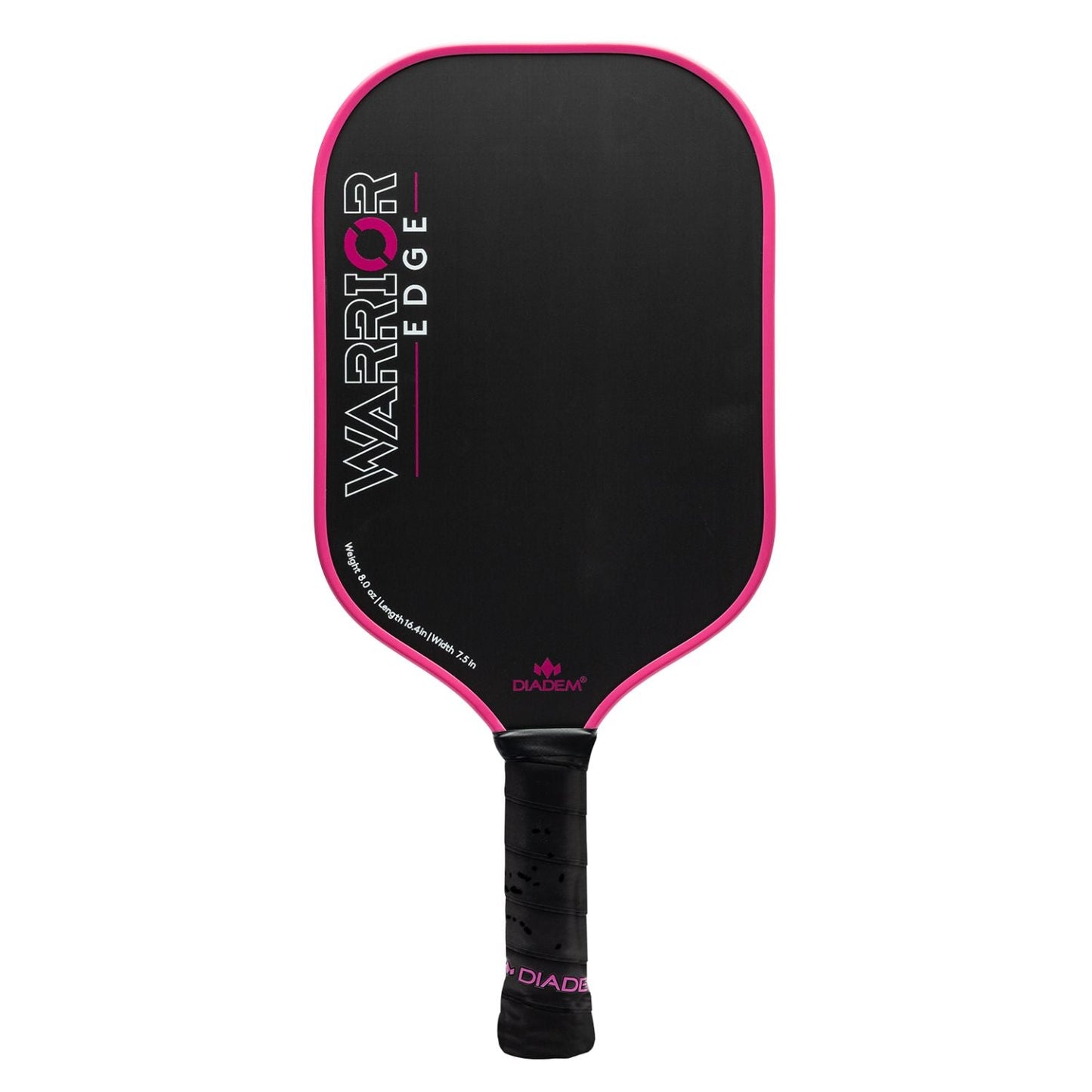 The Diadem Sports Warrior Edge pickleball paddle features a black base with bright pink edge and accents. "WARRIOR" in bold white-pink and "EDGE" in white are printed vertically. USAPA approved, with a black handle and pink Diadem logo at the base.