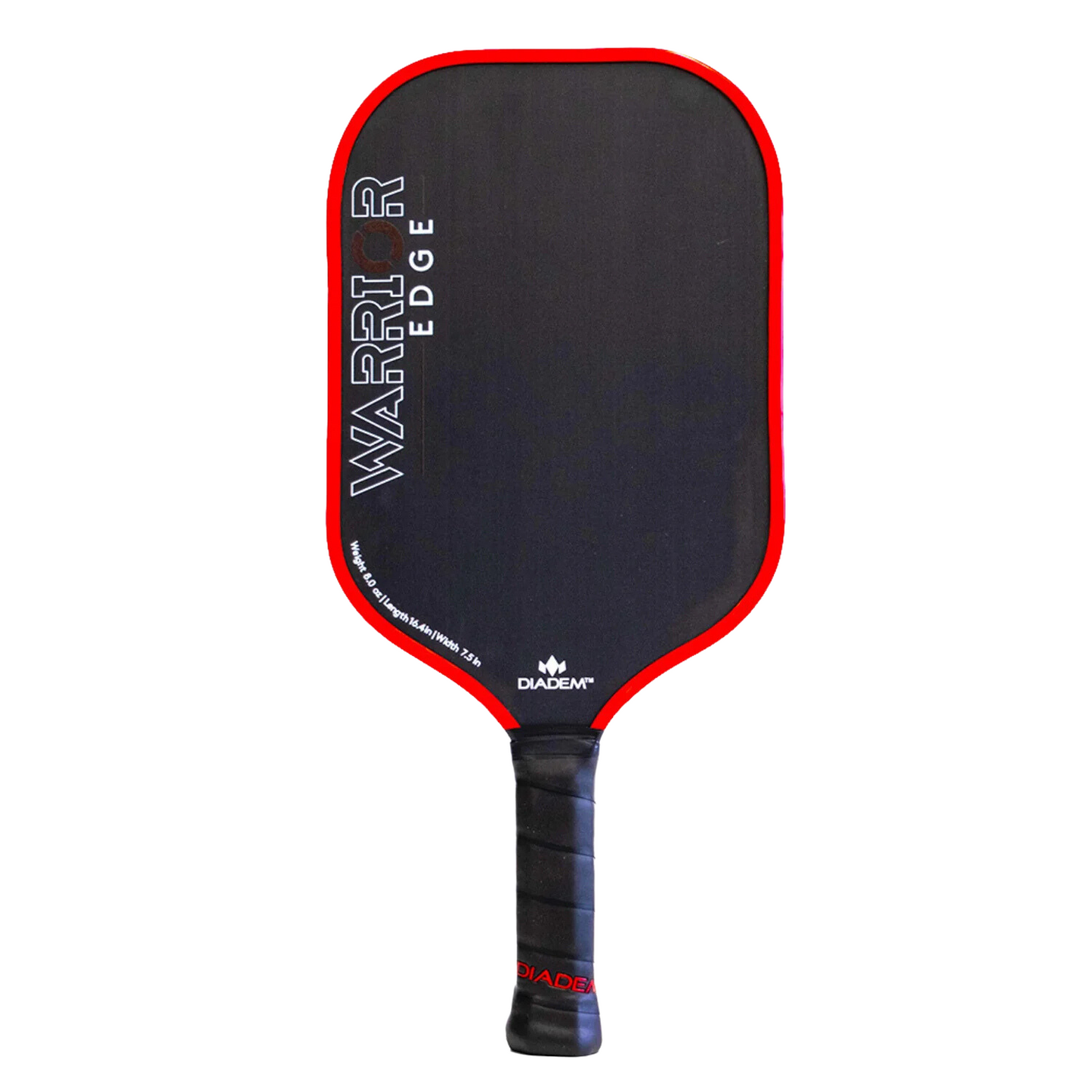The Diadem Sports Warrior Edge is a black pickleball paddle with a red edge, "WARRIOR EDGE" in white on the left, USAPA approved, featuring a black grip-wrapped handle and the Diadem logo near the base.