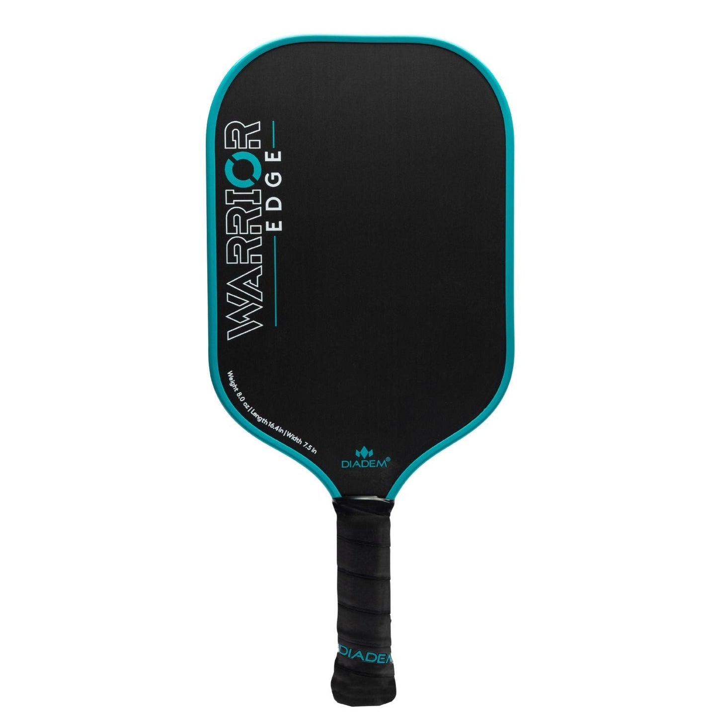 The Diadem Sports Warrior Edge pickleball paddle is black with teal edging and detailing. WARRIOR EDGE is printed vertically in bold teal and white, with a black-wrapped handle and the Diadem logo near the base. USAPA approved.