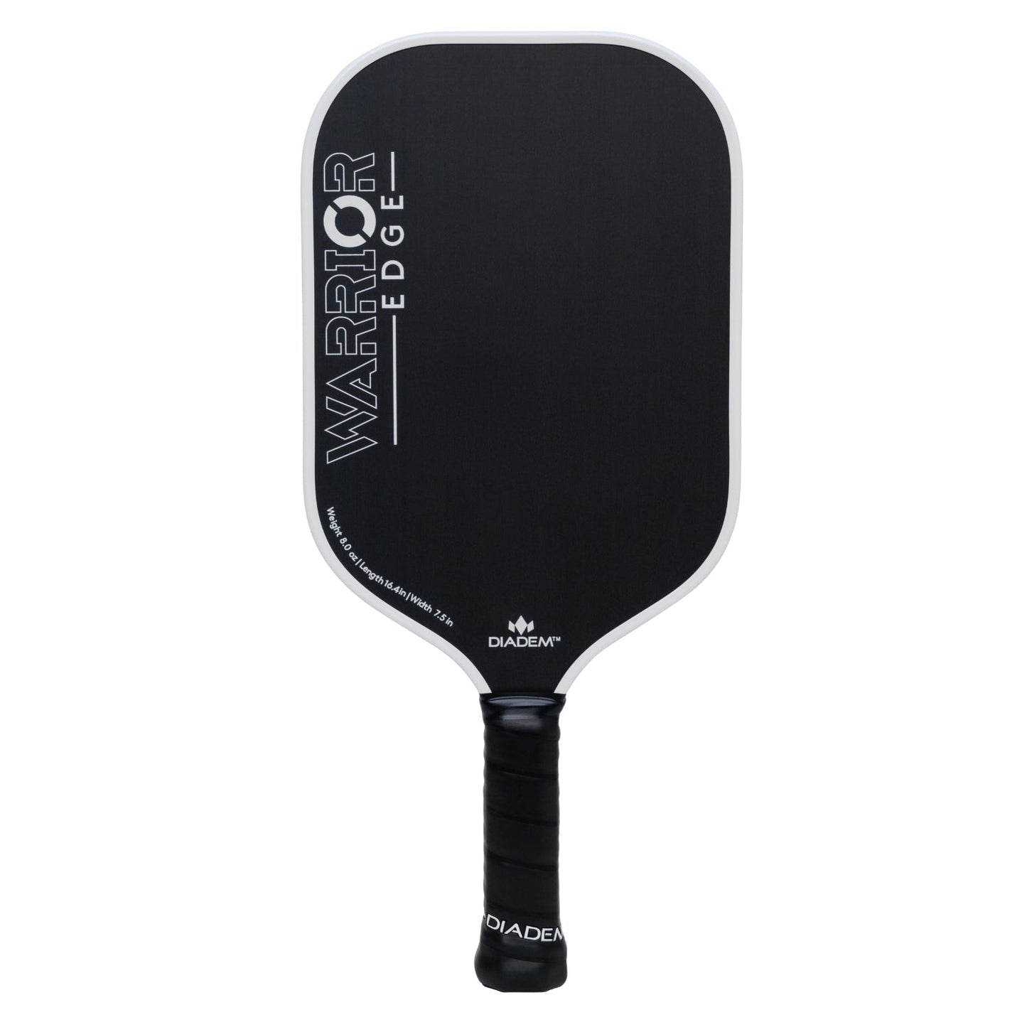 The Diadem Sports Warrior Edge pickleball paddle is USAPA approved, featuring a black rectangular design with rounded edges, "WARRIOR EDGE" in white vertical text, and the Diadem logo and brand name above the black grip tape handle.