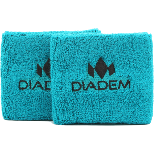 Two turquoise Diadem Logo Small Wristbands by Diadem Sports are shown side by side on a light grey background, displaying their soft, textured fabric and black logo. Each features a rectangular shape and absorbent material.