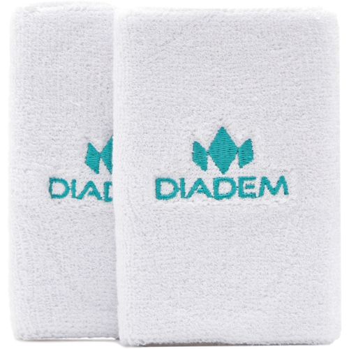 Two white Diadem Sports Logo 5" Wristbands are shown side by side. Each has a teal geometric logo and "DIADEM" embroidered in teal at the front center, displayed against a plain background.