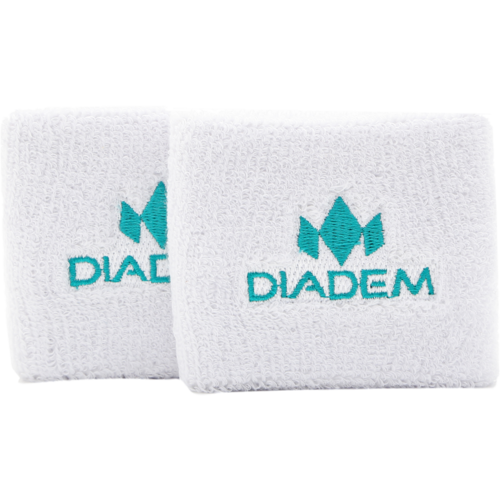 Diadem Logo Small Wristbands by Diadem Sports: two white absorbent wristbands with a teal blue Diadem logo and “DIADEM” embroidered on the front, made of soft, textured fabric and displayed side by side on a plain background.