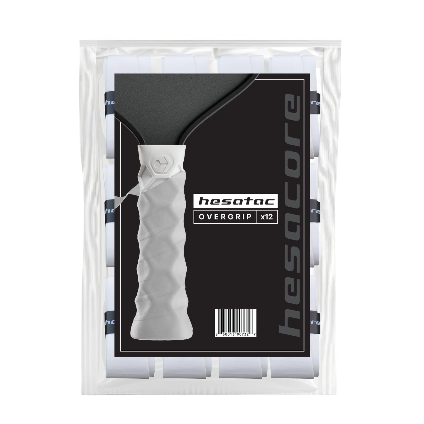 The Hesacore Hesatac Overgrip – White (12 Pack) by Hesacore Grip comes in a clear bag with a paddle grip graphic, black and white branding, visible white overgrips, plus the Hesacore logo and barcode—ideal as a pickleball grip.