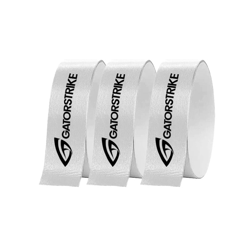 Three upright rolls of GATORSTRIKE™ Edge Guard Tape - 3 Pack display the bold black GATORSTRIKE logo with stylized G on a white background. Perfect for branding paddle edge guard and protective tape products.