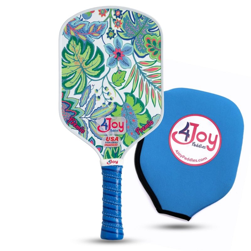 The White Palm 4Joy Pickleball Paddle Premio Series by 4Joy Paddles, featuring a blue grip and colorful floral T700 carbon fiber face, is shown with a blue zippered case displaying the 4Joy Paddles logo. The paddle has green, blue, and pink leaves and flowers.