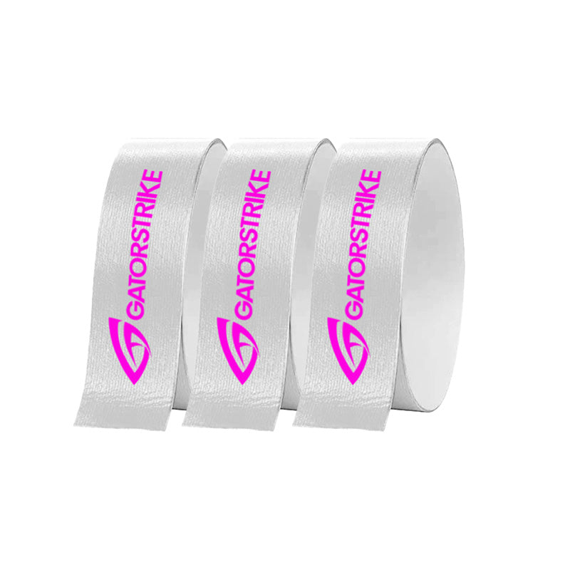 Three GATORSTRIKE™ Edge Guard Tapes are shown upright in a row, each featuring the bold pink GATORSTRIKE logo and shield, inspired by paddle edge guard designs, on a plain white background. Sold as a 3 Pack.
