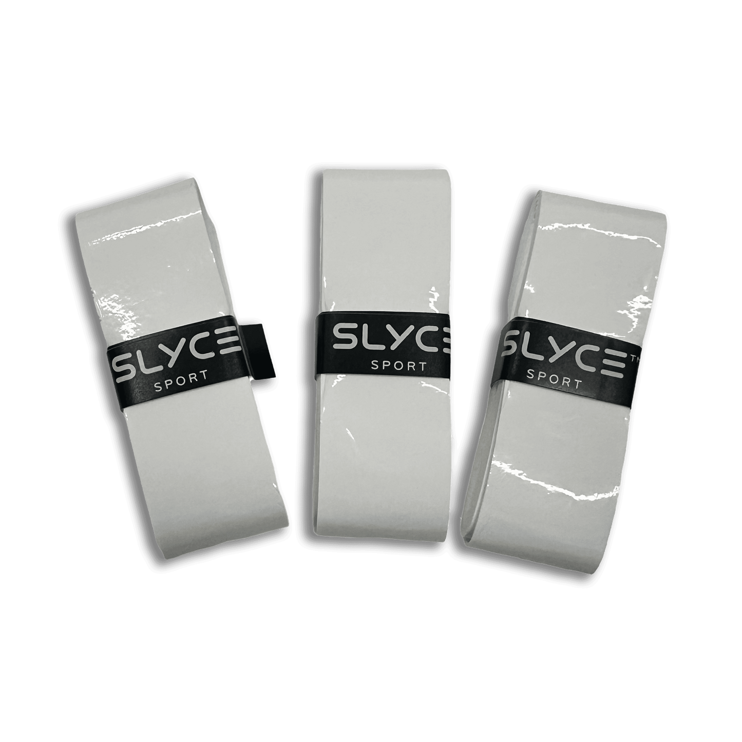 Three white GRYPs Over-Wraps by Slyce Sport are shown, each neatly rolled with a black band labeled “Slyce Sport.” They’re arranged side by side on a plain white background.