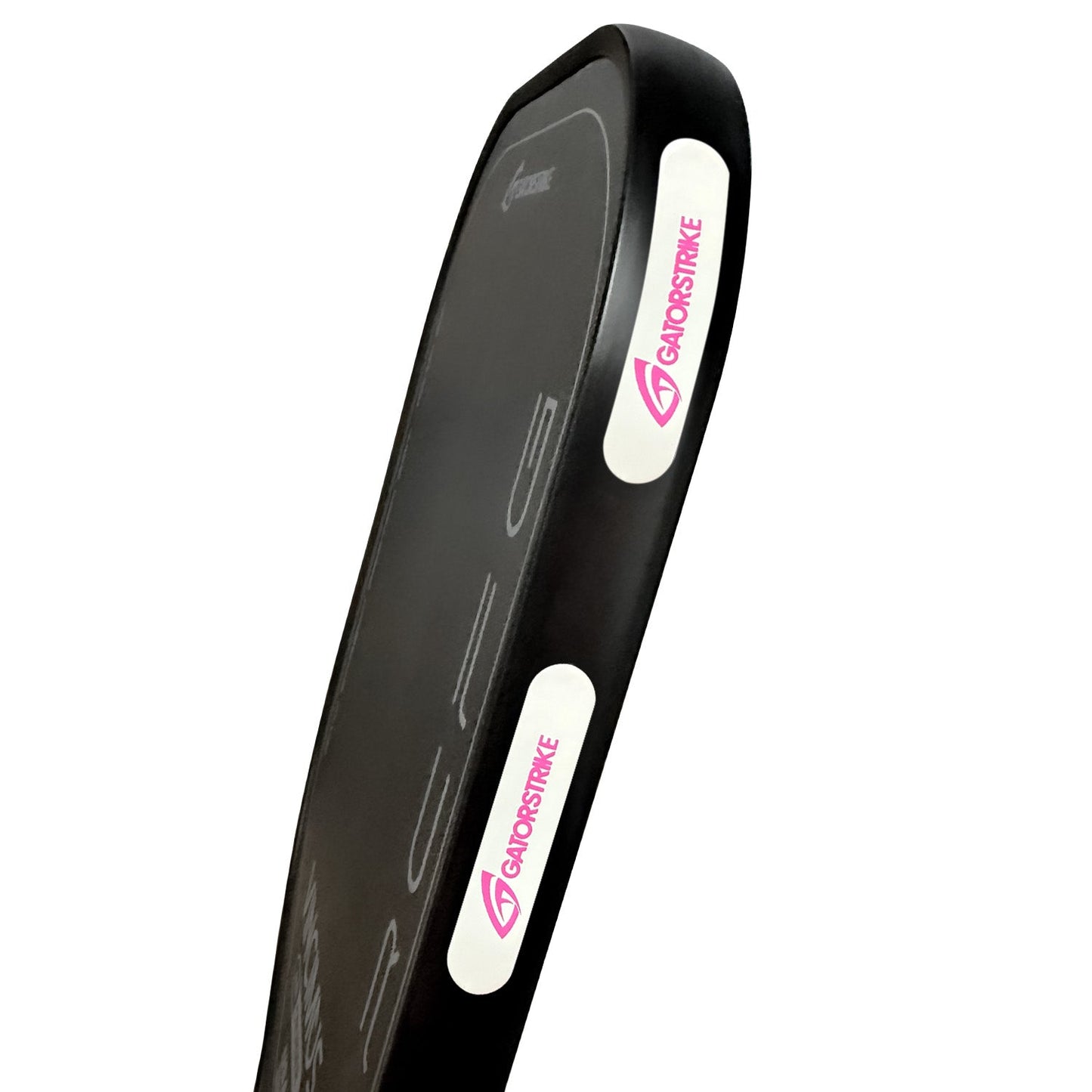 A close-up of the black GATORSTRIKE™ Weight Tape from GATORSTRIKE shows two white sides, each with a pink logo. Angled to highlight its sleek design, this pickleball accessory helps optimize paddle weight and balance. Comes in a 10 pack.