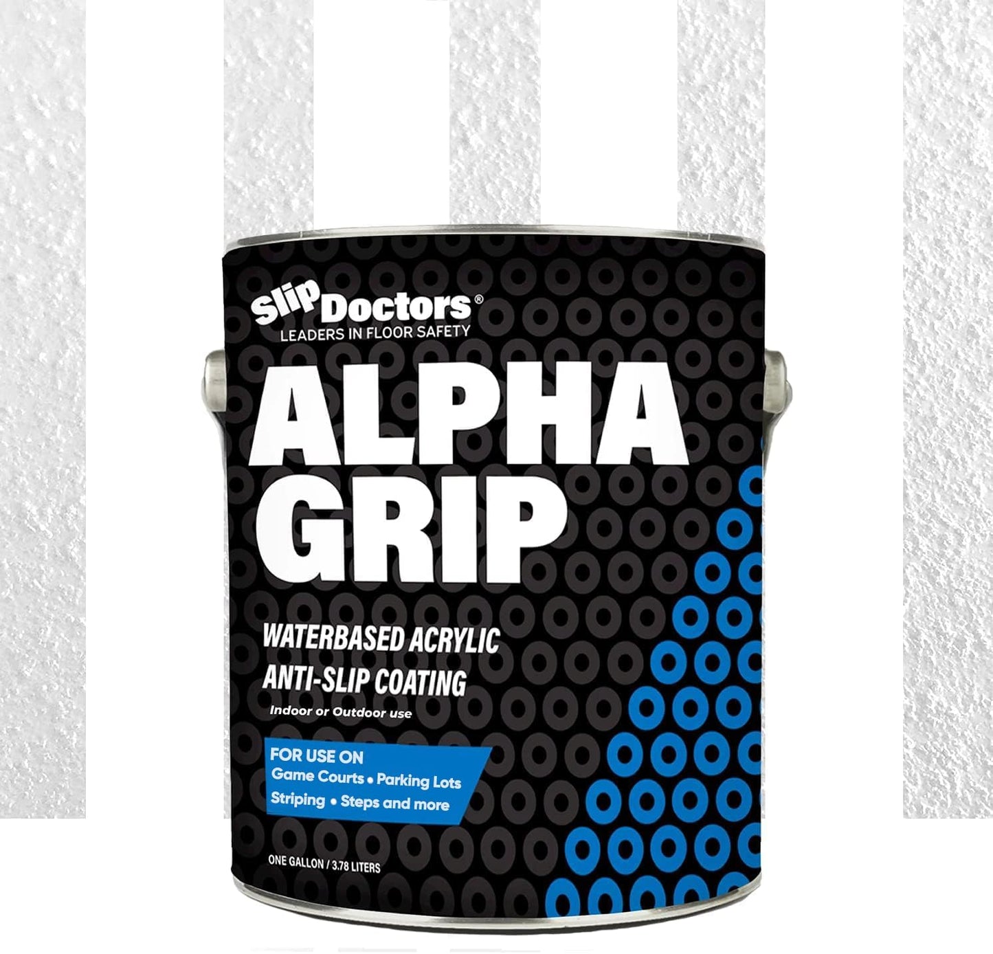 A can of SlipDoctors Alpha Grip Non-Slip Stripe and Athletic Court Paint sits before a white textured wall with bold vertical stripes, its blue label highlighting a water-based acrylic formula ideal for indoor or outdoor athletic courts.