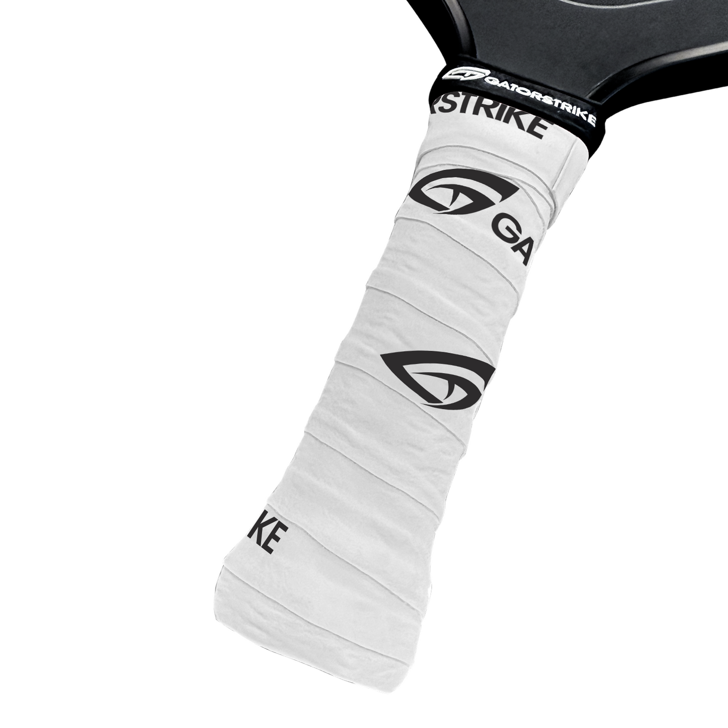 Close-up of a black paddle with a GATORSTRIKE™ Tacky Over Grip (from the 3 Pack) wrapped for secure hold; features bold black GATORSTRIKE logos. Paddle edge and handle visible against a plain white background.