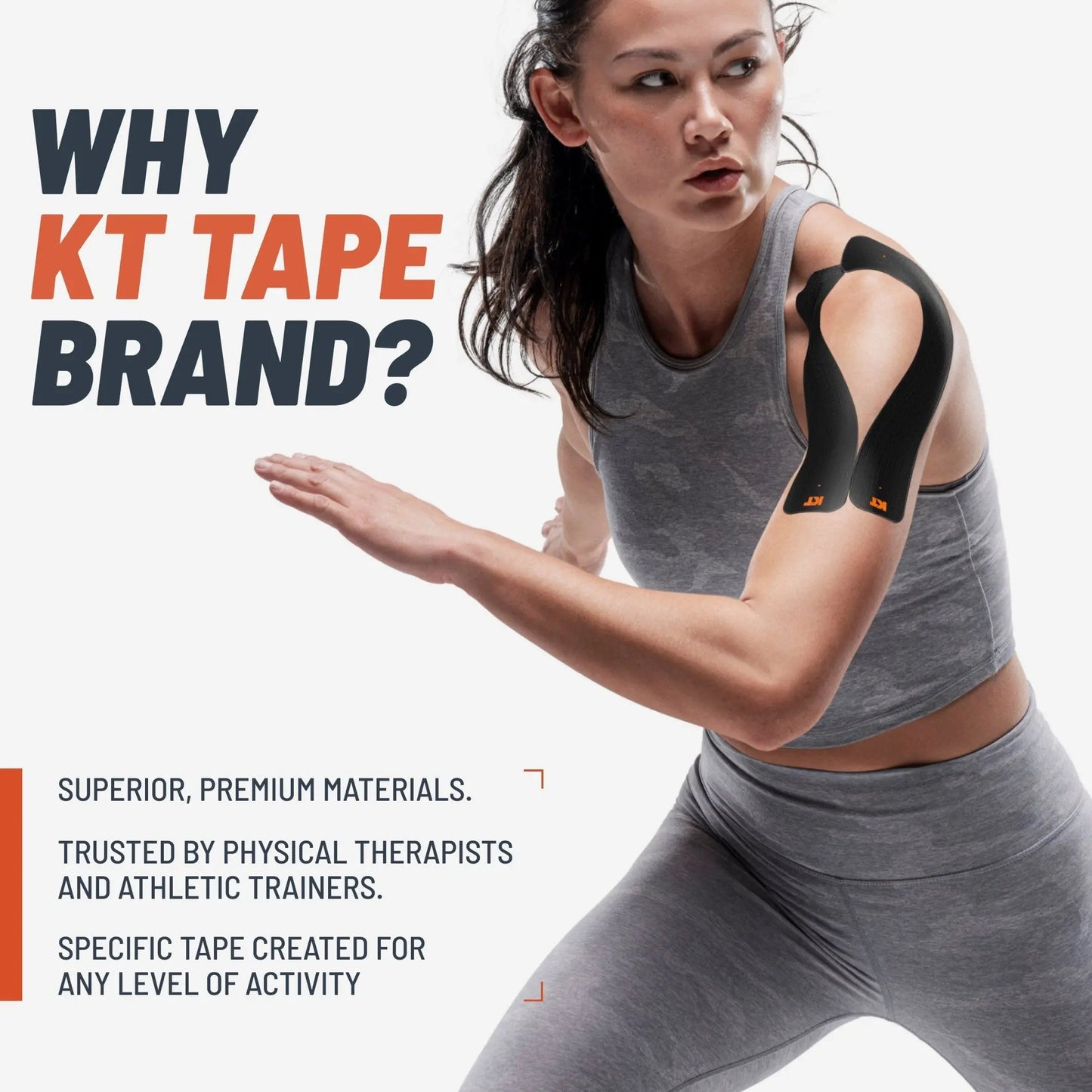 A woman in gray athletic wear poses with black KT Tape Starter Pack kinesiology tape on her right shoulder. Text reads: “WHY KT TAPE BRAND?” highlighting premium materials, pain relief, and trust by professionals.