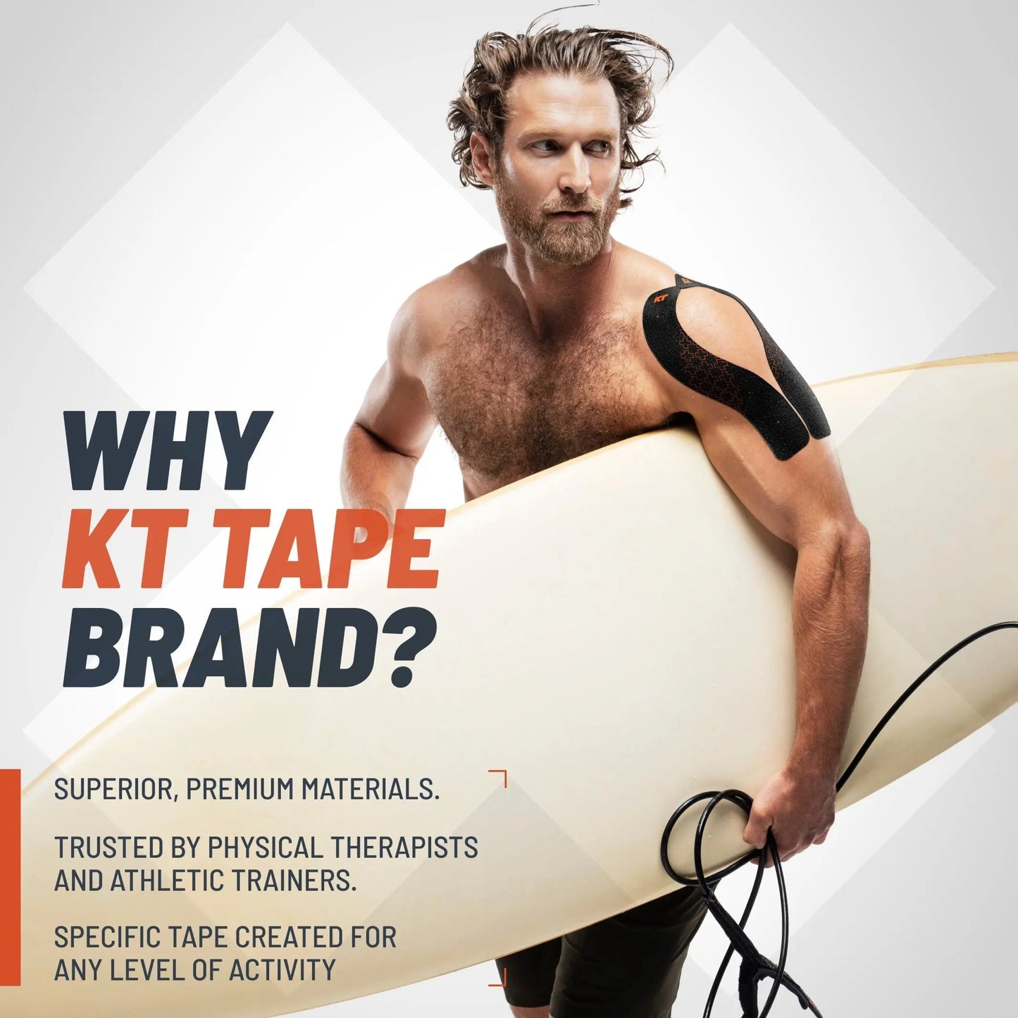 A fit, bearded man in black swim trunks holds a surfboard under his arm, wearing KT Tape Pro Extreme® by KT Tape on his shoulder. Its extra-strength adhesive and premium materials provide pain relief and support for any activity level.