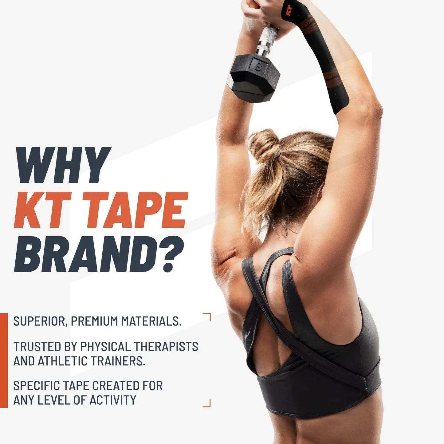 A woman in a sports bra lifts a dumbbell overhead. Text: “Why KT Tape Pro®?” with bullets—Superior kinesiology tape materials. Trusted for sports injury support. Designed by KT Tape for any level of activity.