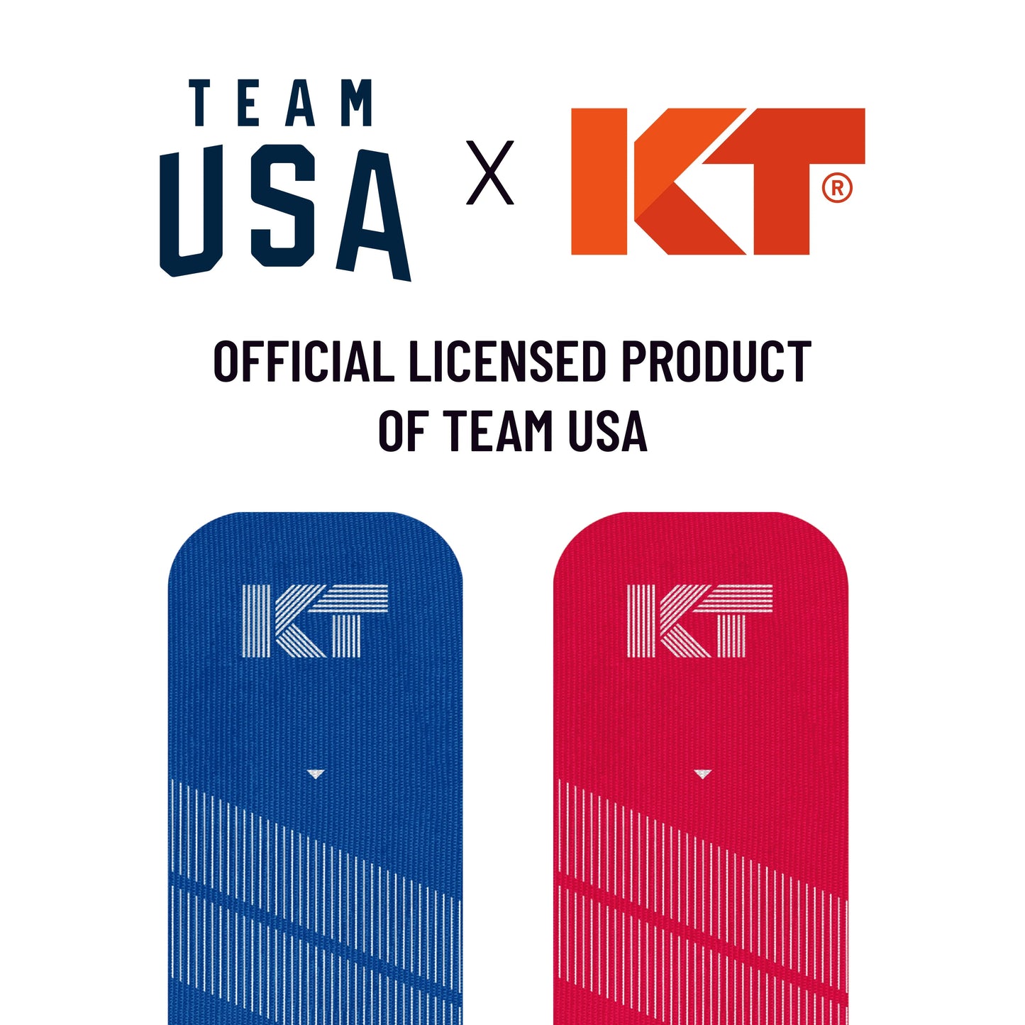 Image displays the Team USA and KT Tape logos with "OFFICIAL LICENSED PRODUCT OF TEAM USA" below. At the bottom, blue and red KT Tape Pro Ice™ kinesiology tape strips from KT Tape are shown vertically with diagonal white stripes.