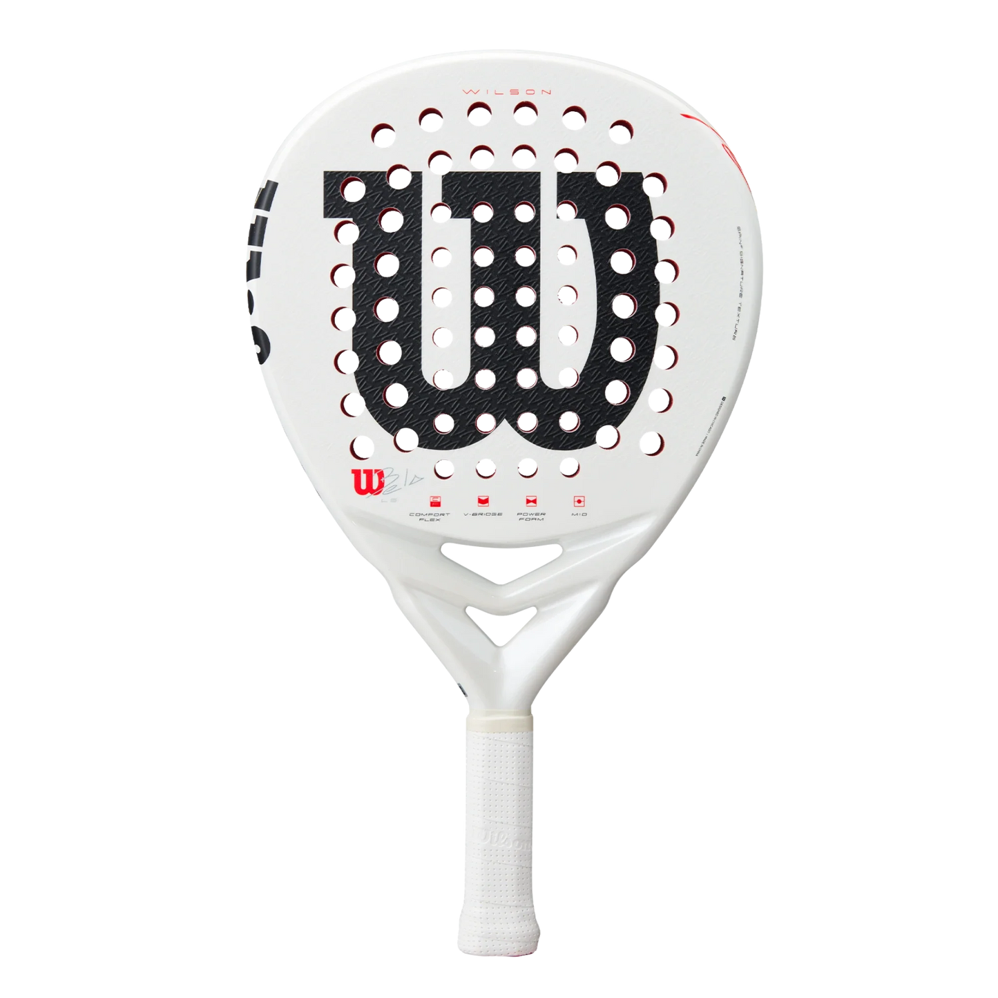 The Wilson Bela LS V3 Padel Racket by Padel USA features a white design, large black W logo, 24K carbon face, round shape with circular holes, black and red accents, and a white grip handle on a plain light background.