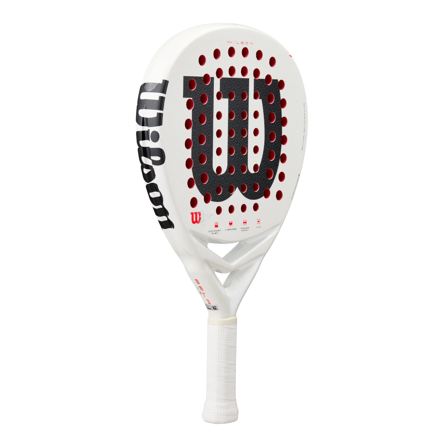 The Wilson Bela LS V3 Padel Racket from Padel USA features a white design, a bold black and red “W” logo, red circular holes, a 24K carbon face for durability, black “Wilson” branding on the edge, and a white grip-wrapped handle.