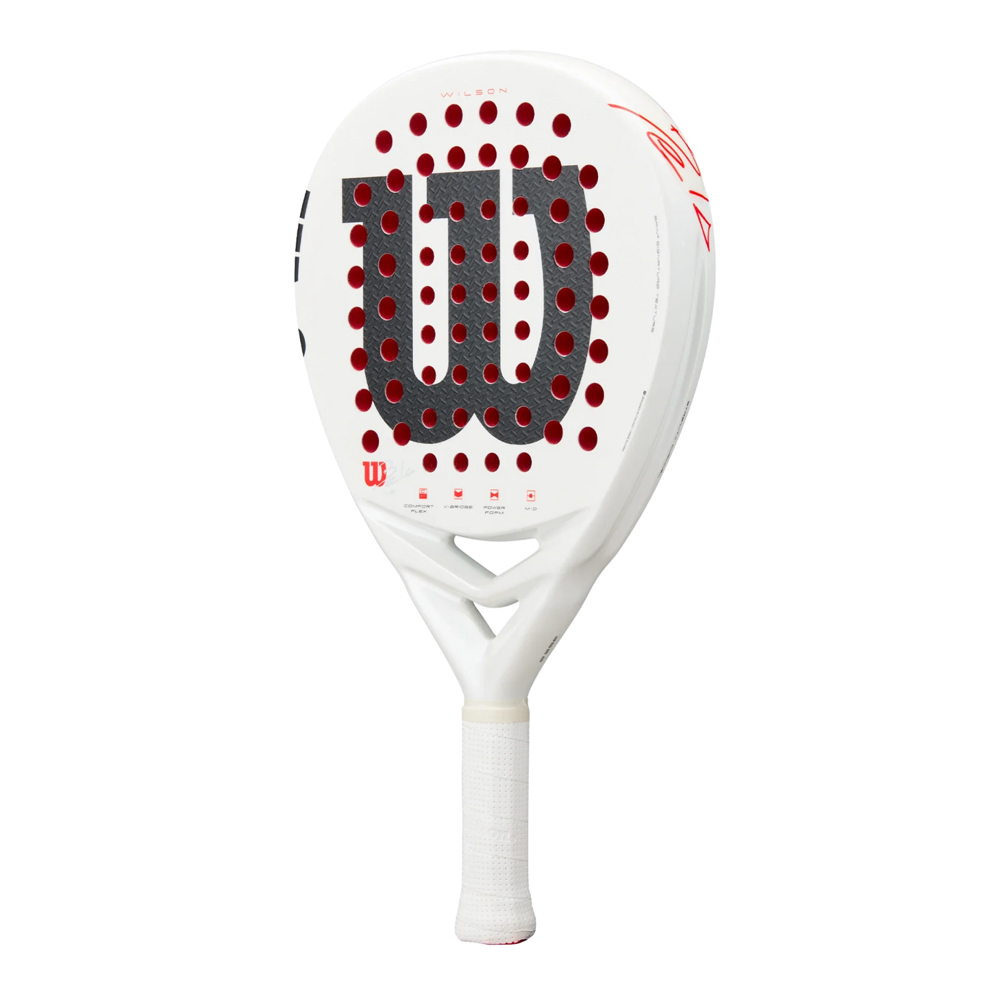 The Wilson Bela LS V3 Padel Racket from Padel USA features a white frame with subtle red accents, a large perforated red "W" logo, a 24K carbon face for power, and a comfortable white grip.