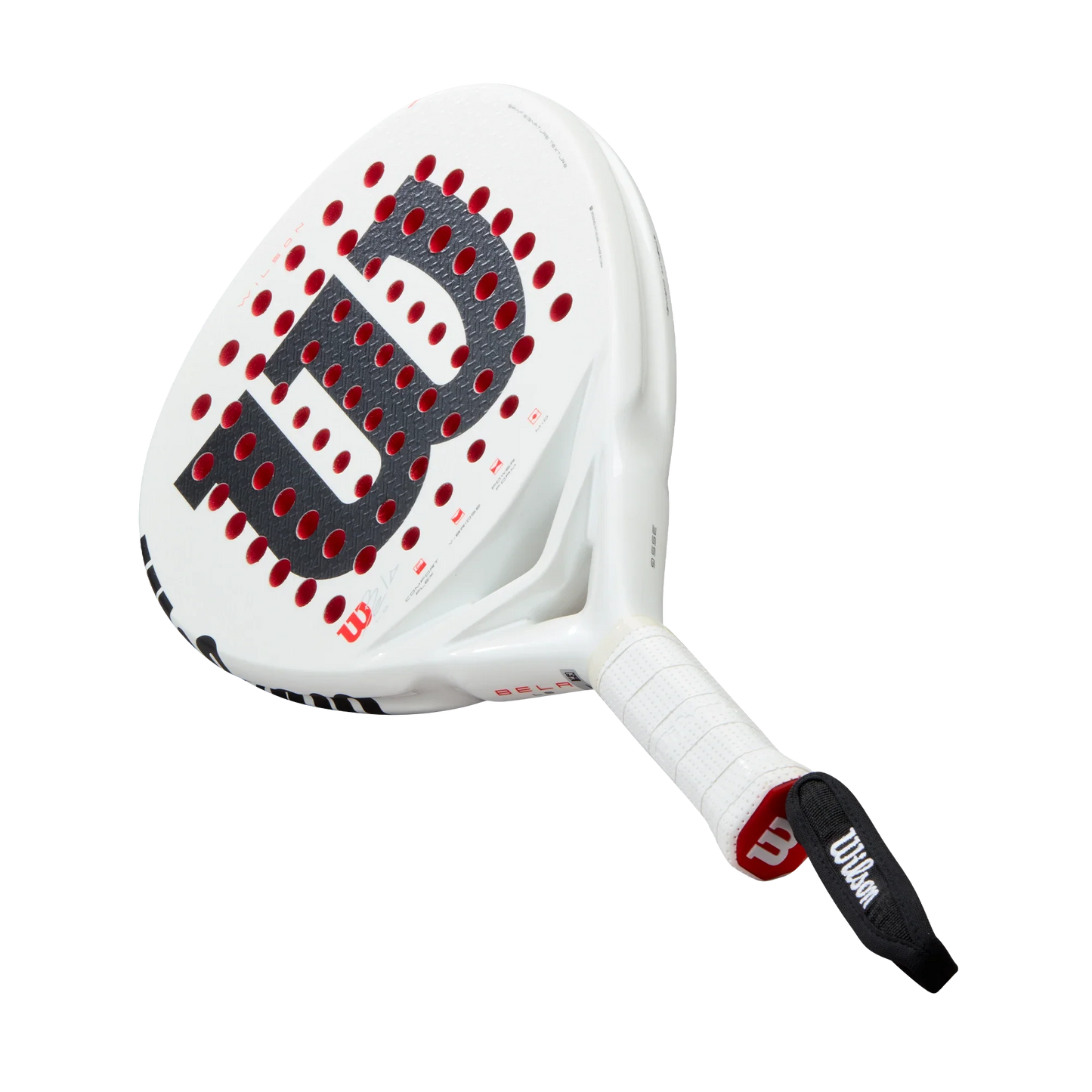 The Wilson Bela LS V3 Padel Racket from Padel USA features a 24K carbon face, large red and black “W” logo, round holes, a white grip, and a black wrist strap labeled “Wilson,” shown on a plain white background.