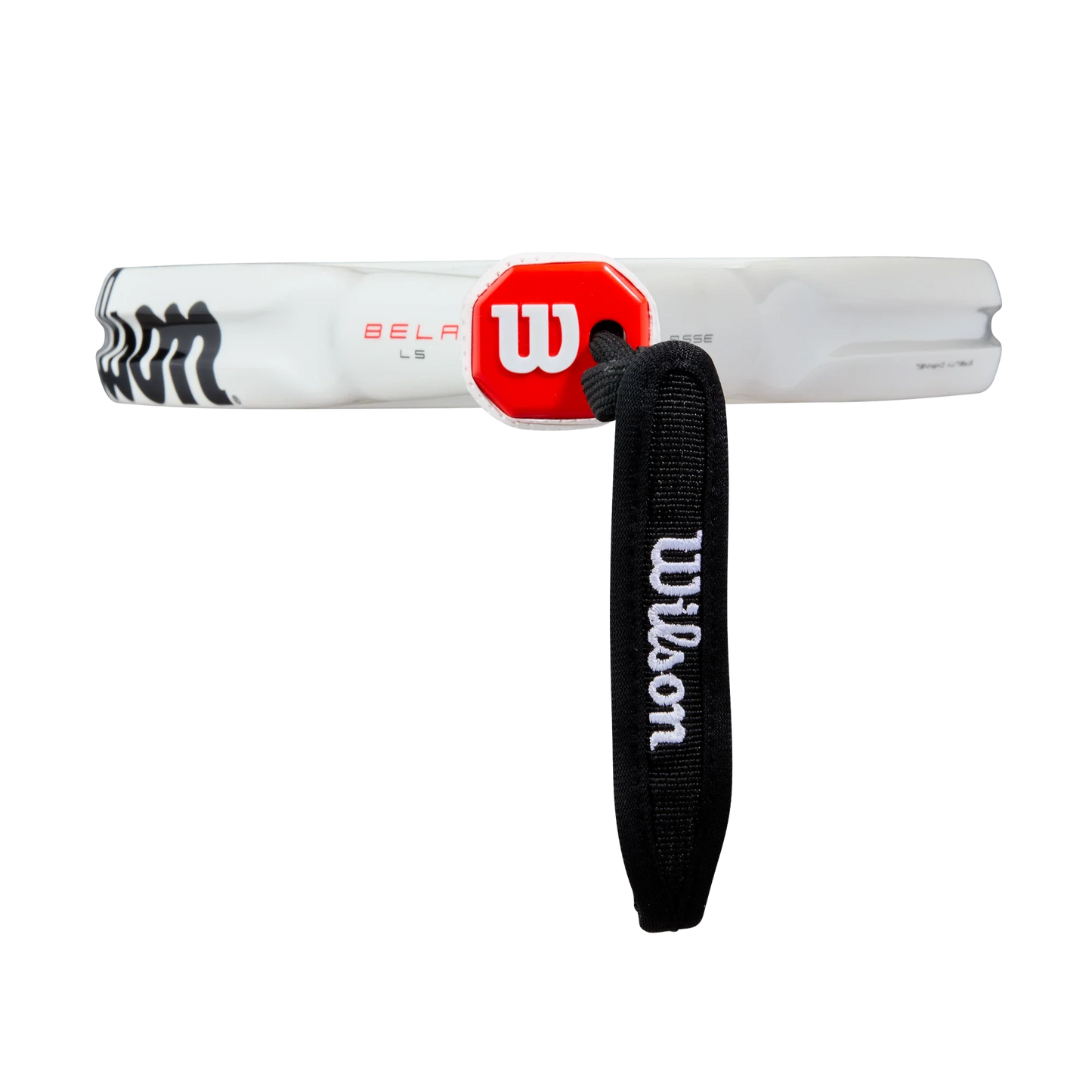 A close-up of a Wilson Bela LS V3 Padel Racket handle from Padel USA, showing the red hexagonal Wilson logo in the center and a black wrist strap with white Wilson embroidery against a plain white background.