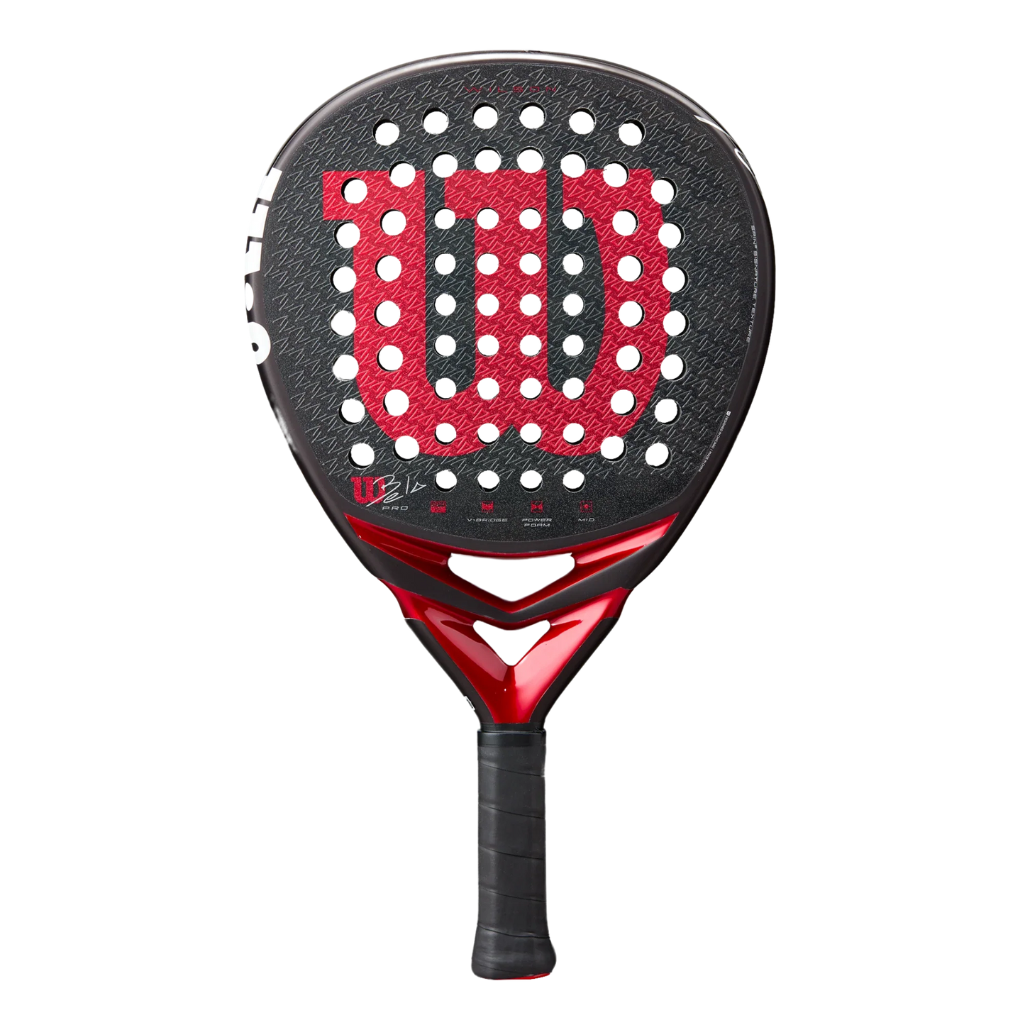 The Wilson Bela Pro V3 Padel Racket by Padel USA features a black design with a bold red W logo, white perforated holes, textured 24K carbon face, red and black throat details, and black grip handle against a plain white background.