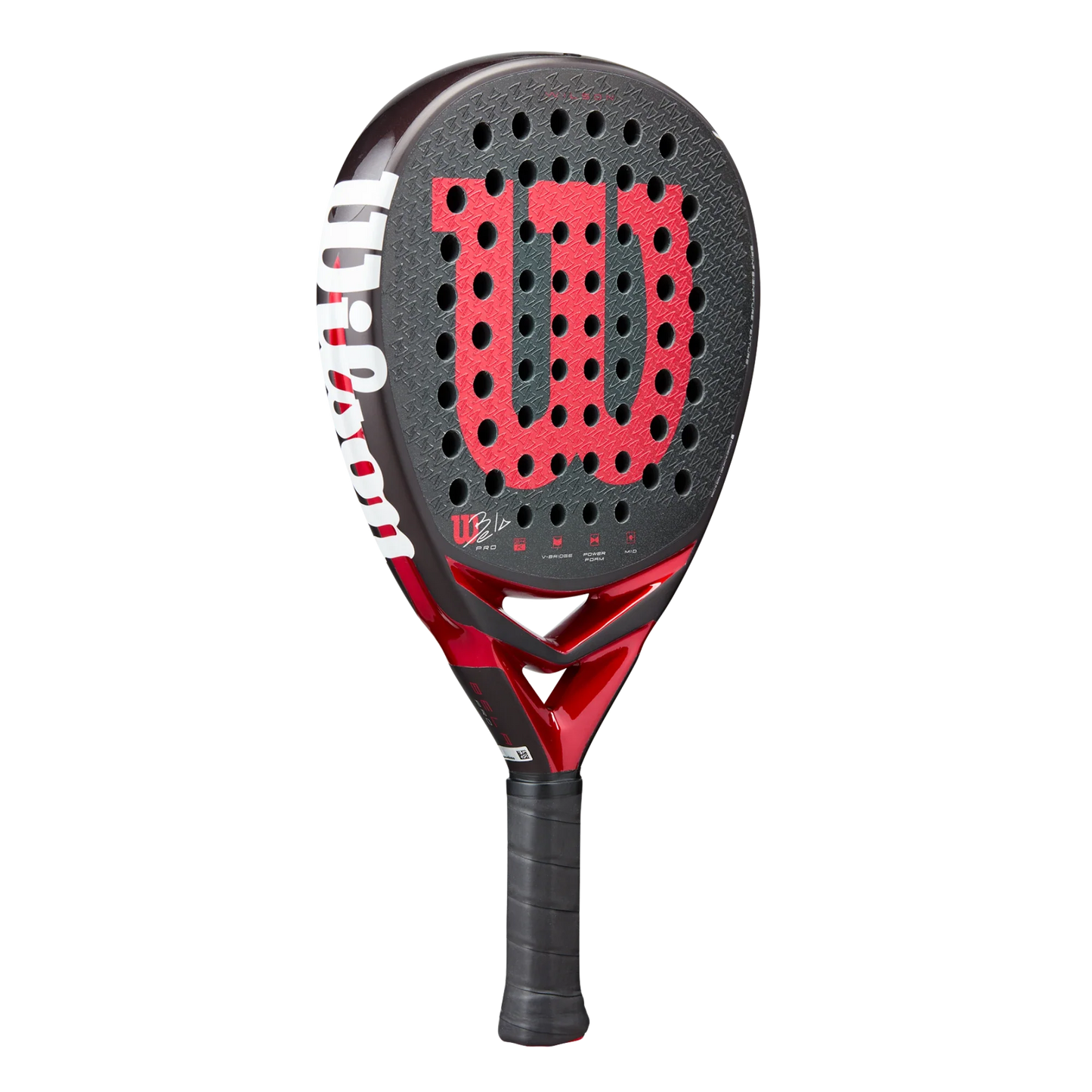 The Wilson Bela Pro V3 Padel Racket by Padel USA features a black 24K carbon face with a red “W” logo, round holes, and red, white, and black handle accents. Its grip is wrapped in black tape against a plain white background.