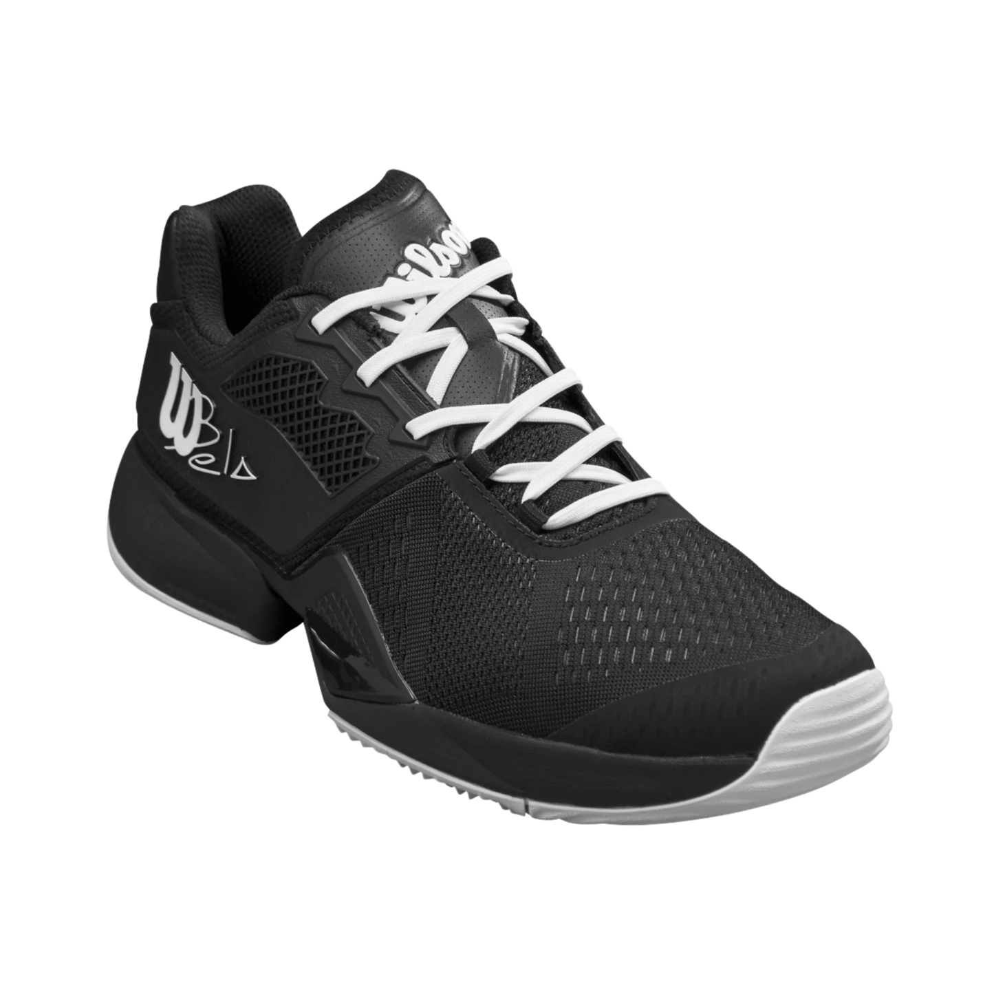 The Wilson Bela Tour Men's Padel Shoes from Padel USA feature a black athletic design with mesh and synthetic overlays, white laces, a thick sole, textured panels, gray toe guard, and the Wilson logo on the side and tongue.