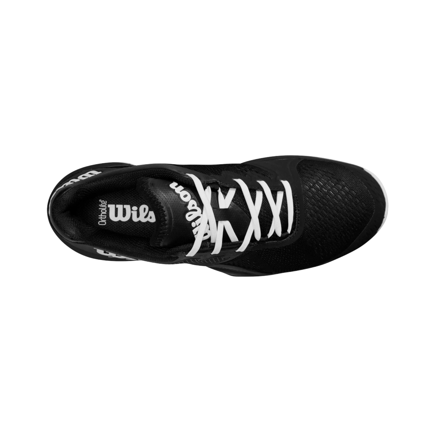 The Wilson Bela Tour Men's Padel Shoe by Padel USA is black with white laces and “Wilson” in white on the insole. It features a mesh-textured toe, sleek modern design, and is shown from above against a plain white background.
