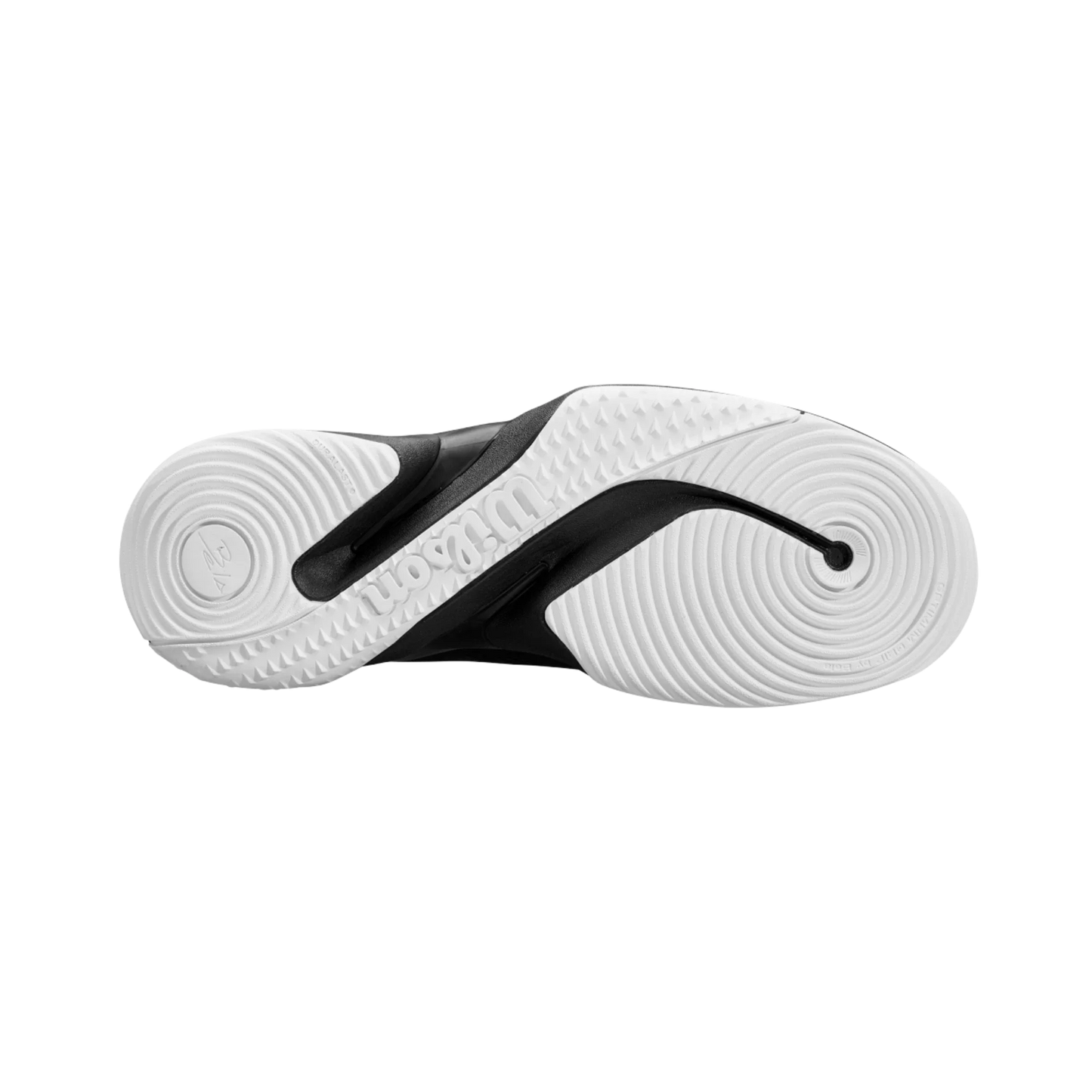 The image shows the sole of the Wilson Bela Tour Men's Padel Shoes by Padel USA, featuring a mostly white design with a black midsection, circular and wavy traction patterns, "Union" embossing, and a visible Nike Swoosh on the heel.