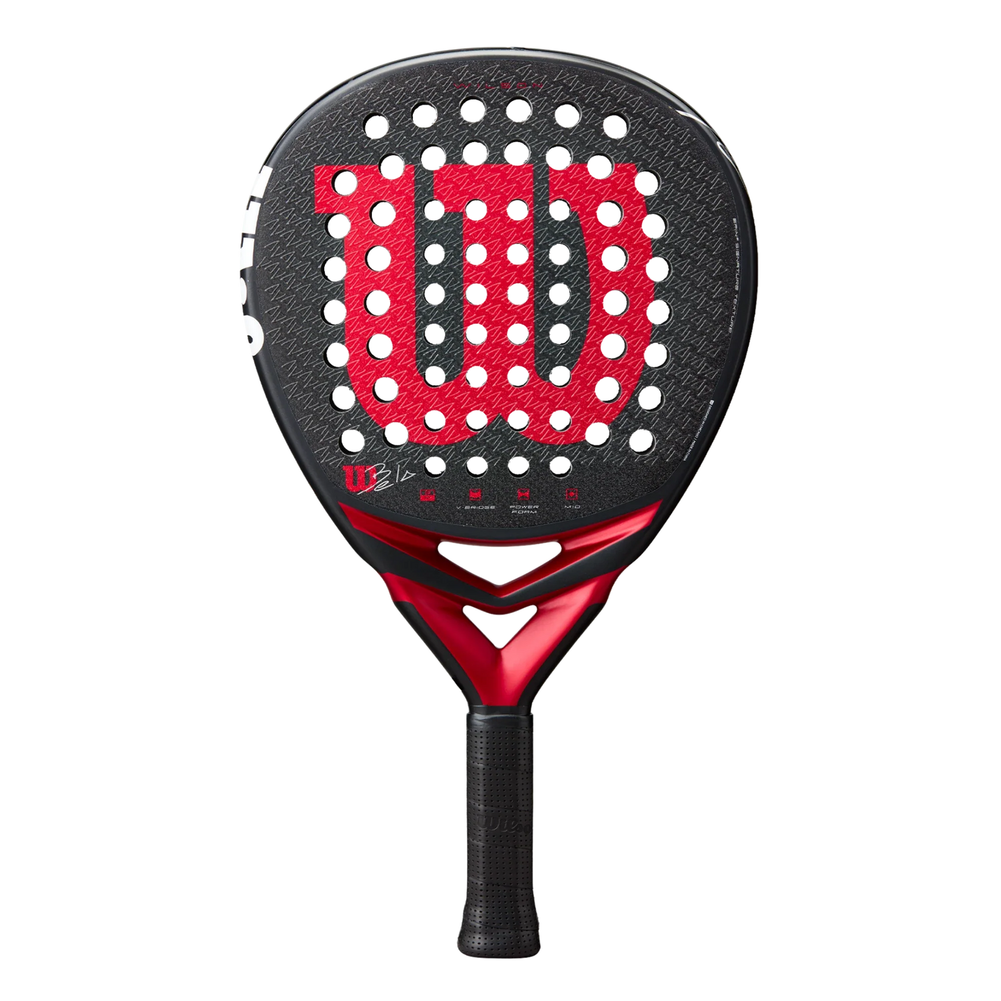The Padel USA Wilson Bela V3 Padel Racket is black with a large red W logo, white round holes on its 24K carbon face, red and black throat, and a textured black grip. The racket is shown against a plain white background.