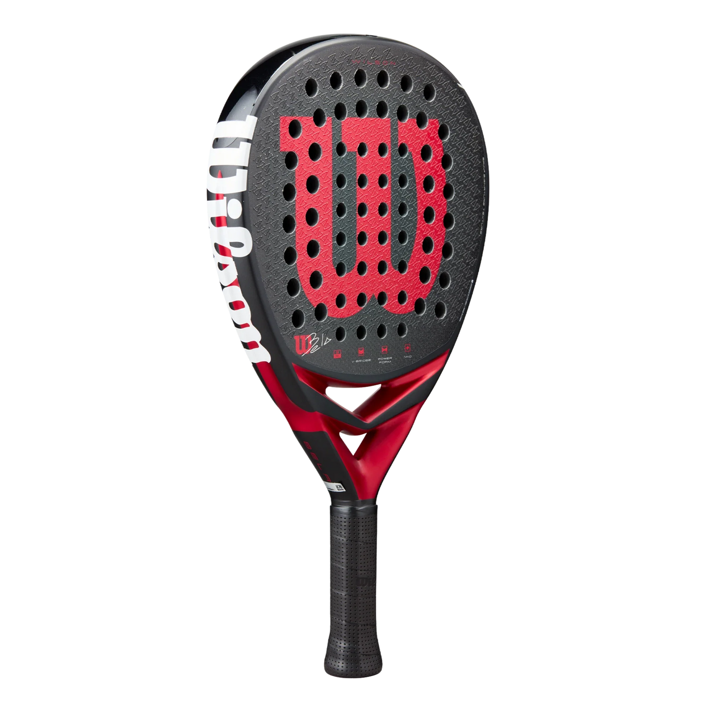 The Padel USA Wilson Bela V3 Padel Racket features a black 24K carbon face with a bold red W logo, circular perforations, textured grip, and red-white accents with branding on the neck.