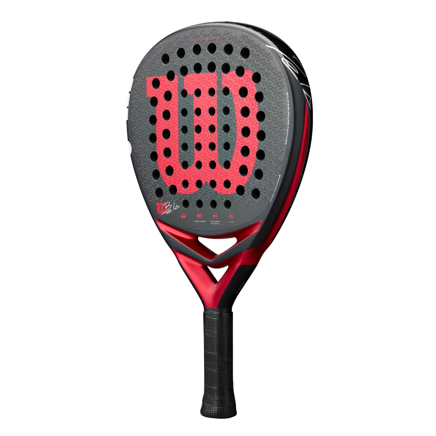 The Wilson Bela V3 Padel Racket from Padel USA features a black and red design, large red W logo, perforated 24K carbon face, textured grip handle, and white/red accents near the throat.