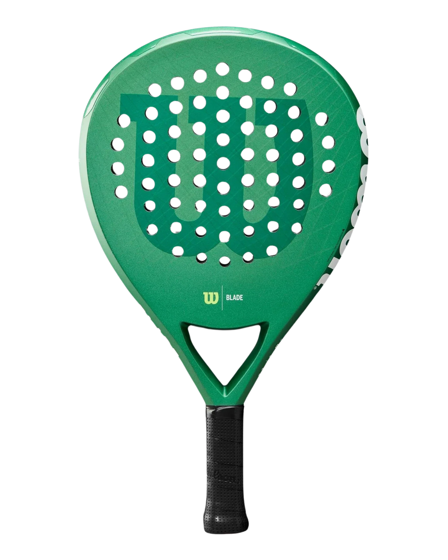 The Padel USA Wilson Blade LS V3 is a green padel racket featuring a large "W" logo, white circular holes on the head, black grip, and “Blade” in small yellow text above the handle. It delivers lightweight power and is shown against a white background.