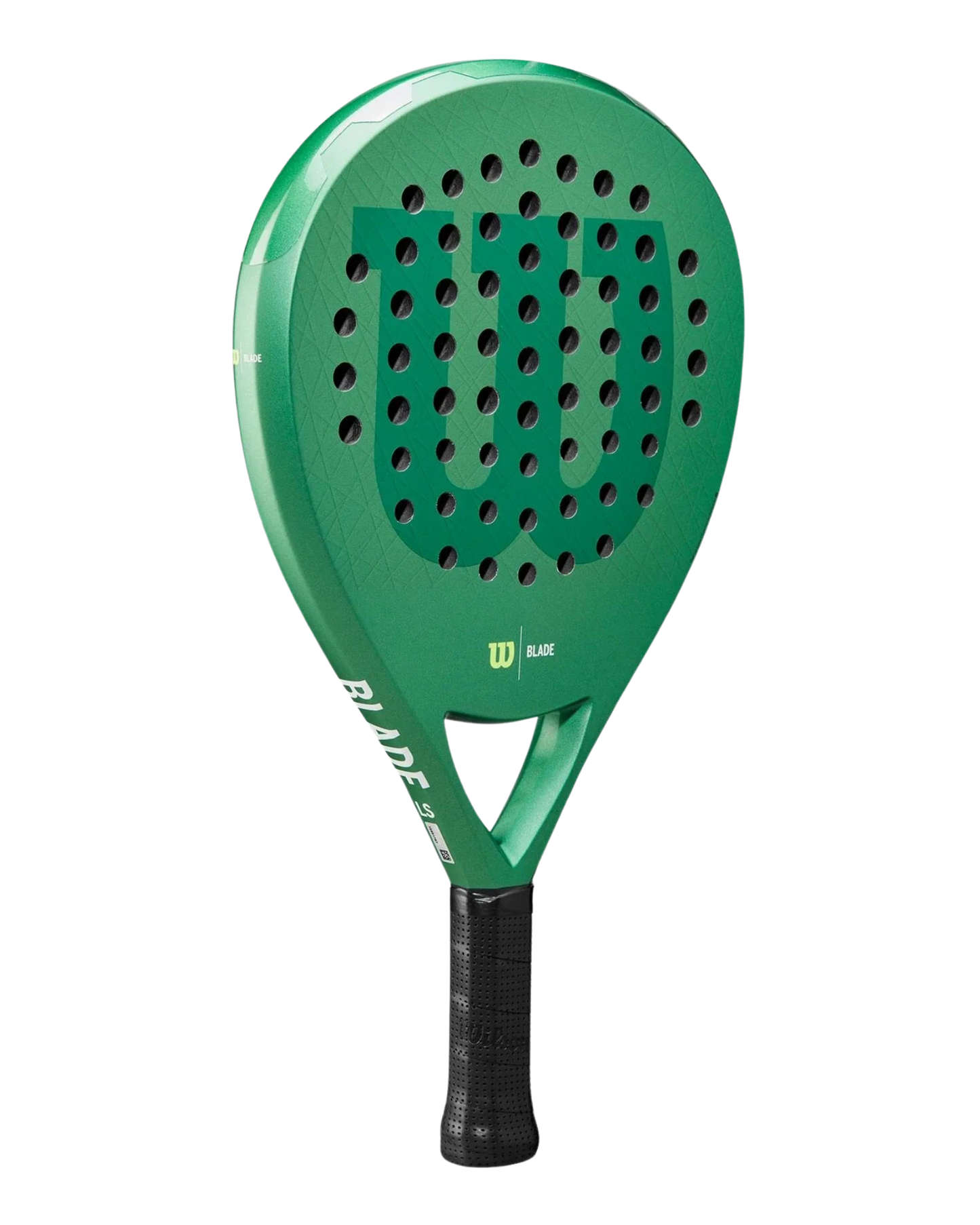 The Wilson Blade LS V3 by Padel USA is a green teardrop-shaped padel racket with a black perforated face, large W logo, "Blade" on the side, lightweight design for power, and black grip tape on the handle.