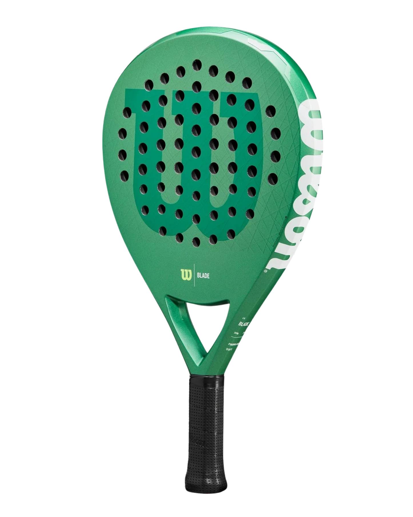 The Wilson Blade LS V3 by Padel USA is a green padel racket with a perforated face, large black W logo, and black grip tape. Designed for lightweight power, its side features the white Wilson name displayed vertically.