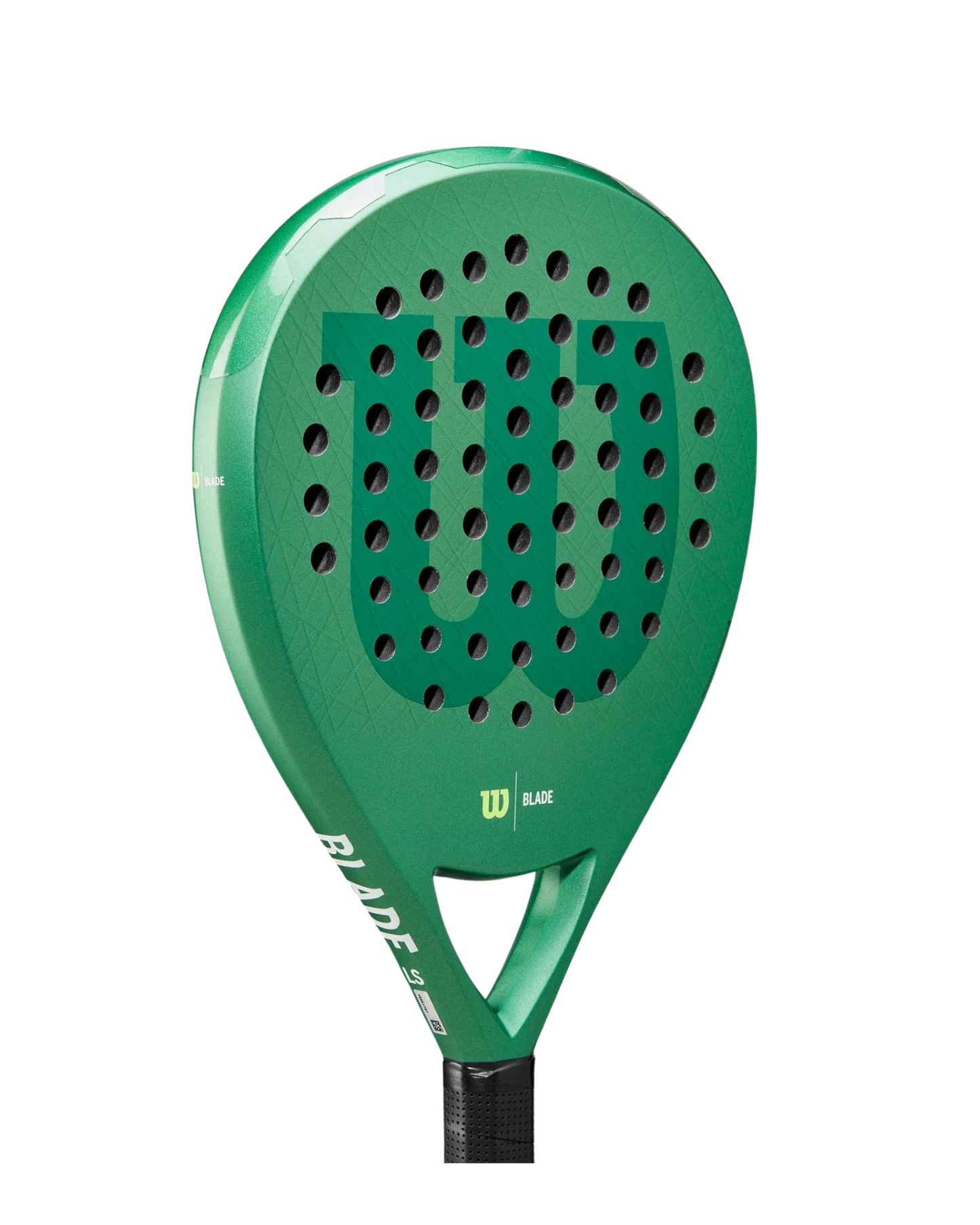 The Wilson Blade LS V3 by Padel USA is a green padel racket with a large W logo, black holes on the face, and BLADE and WILSON near the handle. This lightweight power racket is shown against a white background.