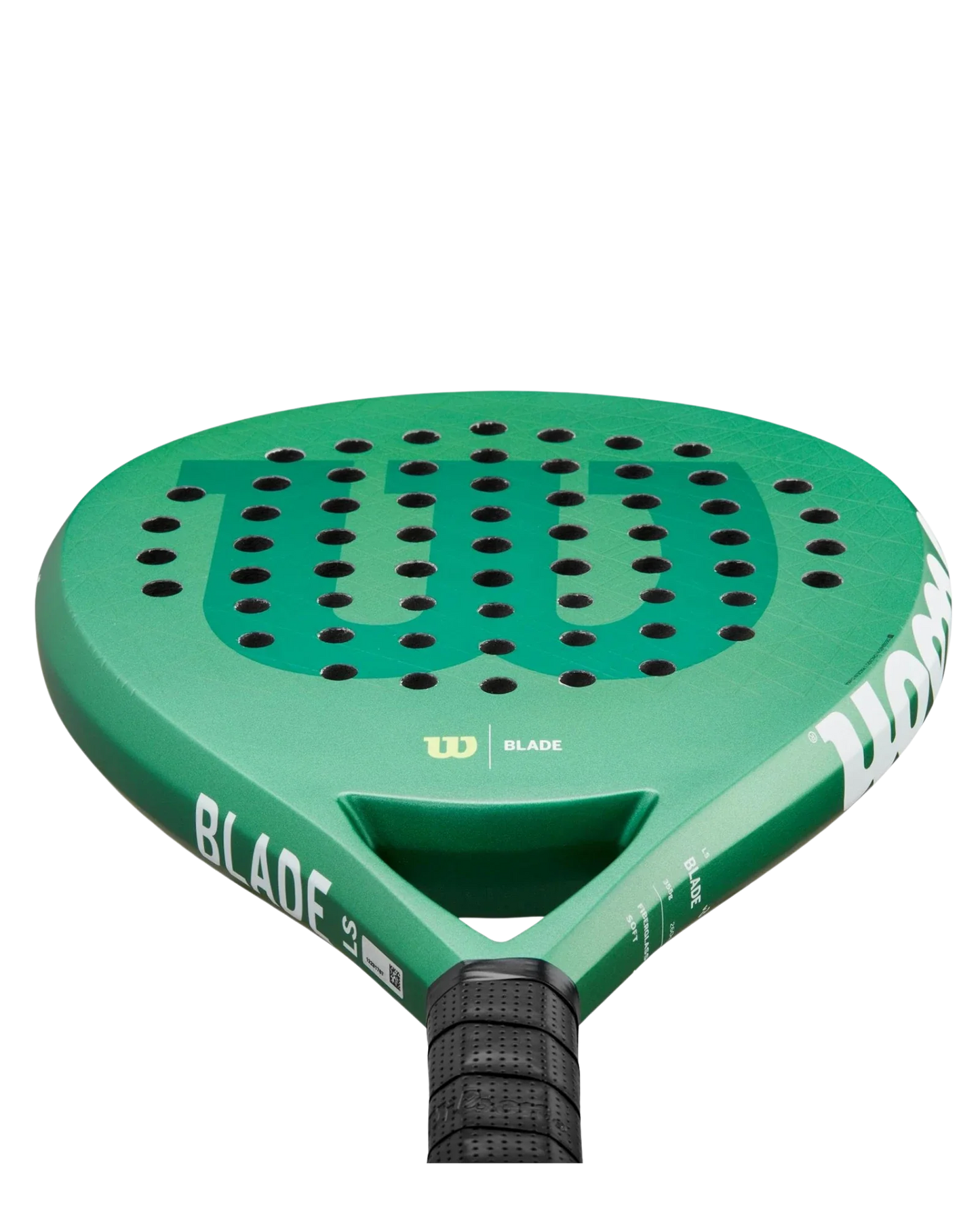 Close-up of the Wilson Blade LS V3 padel racket by Padel USA, showing its green perforated face for lightweight power, a large central W logo, “BLADE” branding on the side, and a black-gripped handle against a plain white background.