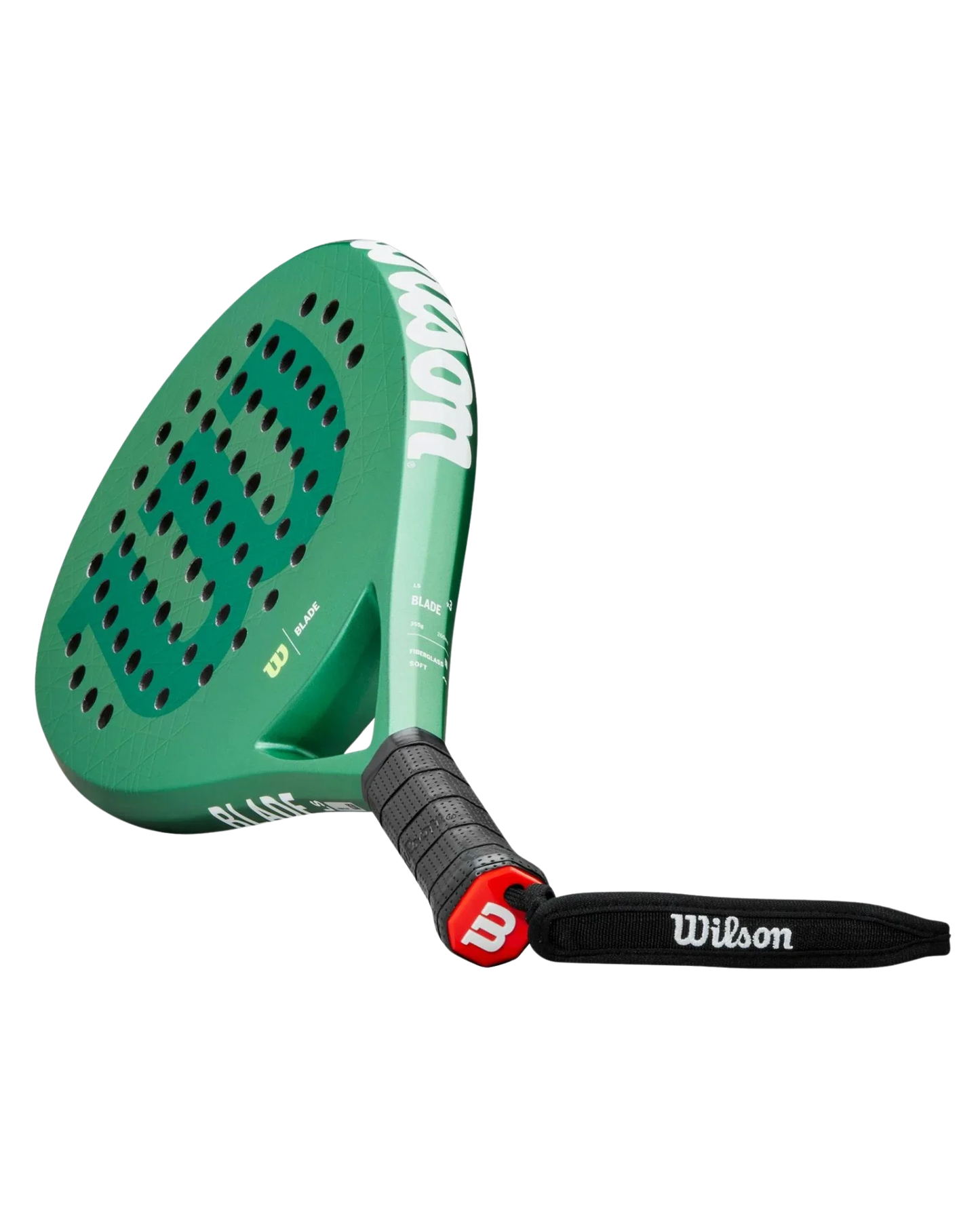 The Wilson Blade LS V3 by Padel USA is a green padel racket featuring a perforated surface, black grip, and a black wrist strap with white "Wilson" branding. The Wilson logo appears on the side and face, all shown against a plain white background.
